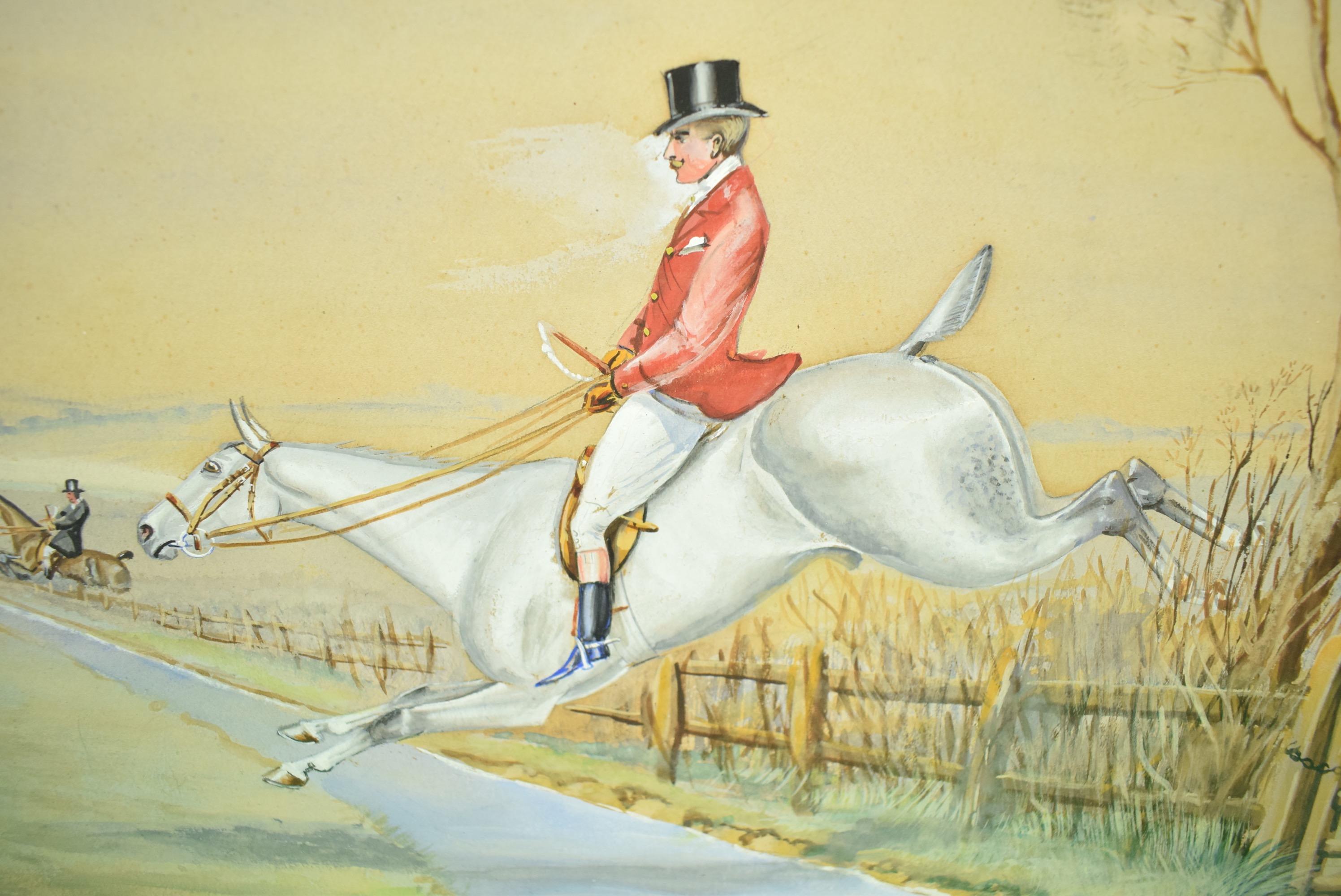 Huntsman Clearing Water Fence c1898 Gouache by H. W. Standing For Sale 1