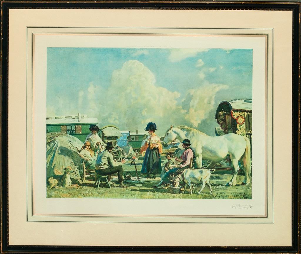 Classica stampa equestre a colori di Sir Alfred J Munnings (1878-1959) firmata a matita (LR) con il titolo Gypsy Caravan edita da Frost & Reed 

c1927 

con tappetino francese e cornice in ebano e dorata

Cromolitografia

Sir Alfred Munnings