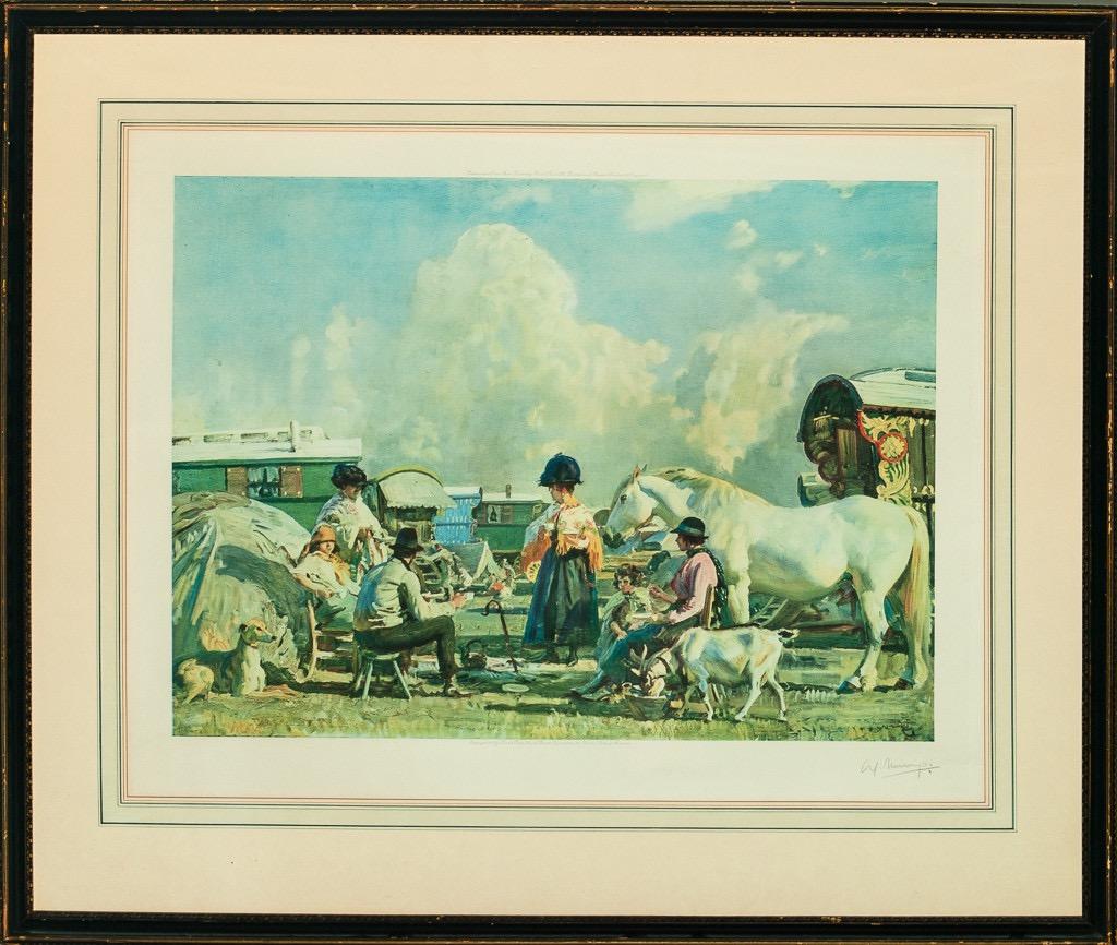 Klassischer Farbdruck von Sir Alfred J Munnings (1878-1959) mit Bleistift signiert (LR) mit dem Titel Gypsy Caravan, herausgegeben von Frost & Reed 

c1927 

mit französischem Passepartout und Ebenholz/Goldrahmen

Chromolithographie

Sir Alfred