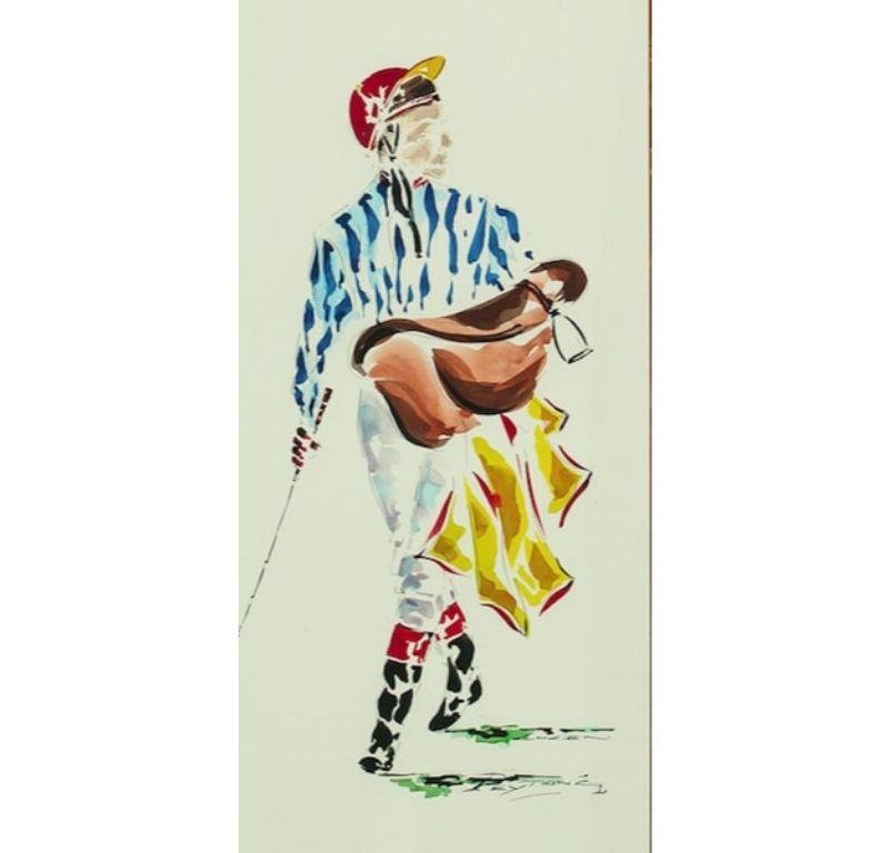 Watercolour by Lucien Peytong (b.-1950) depicting a French jockey w/ saddle & horse blanket over arm

Art Sz: 27