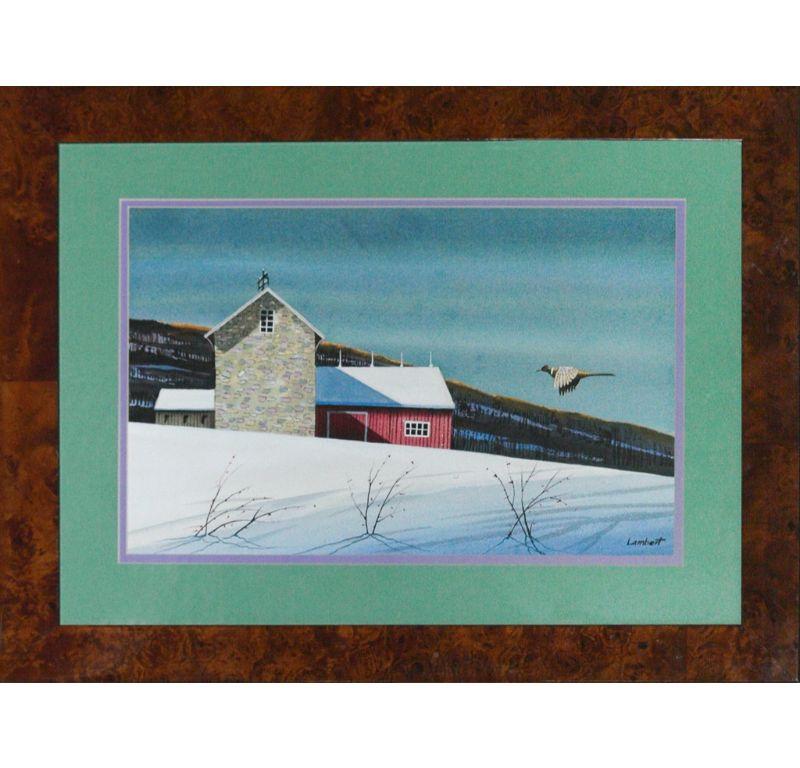 Pheasant Approaching Barn In Winter - Art by Lambert