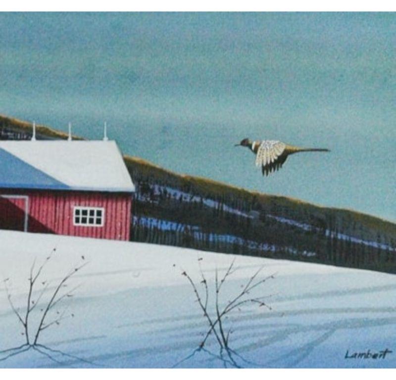 Pheasant Approaching Barn In Winter - Blue Landscape Art by Lambert