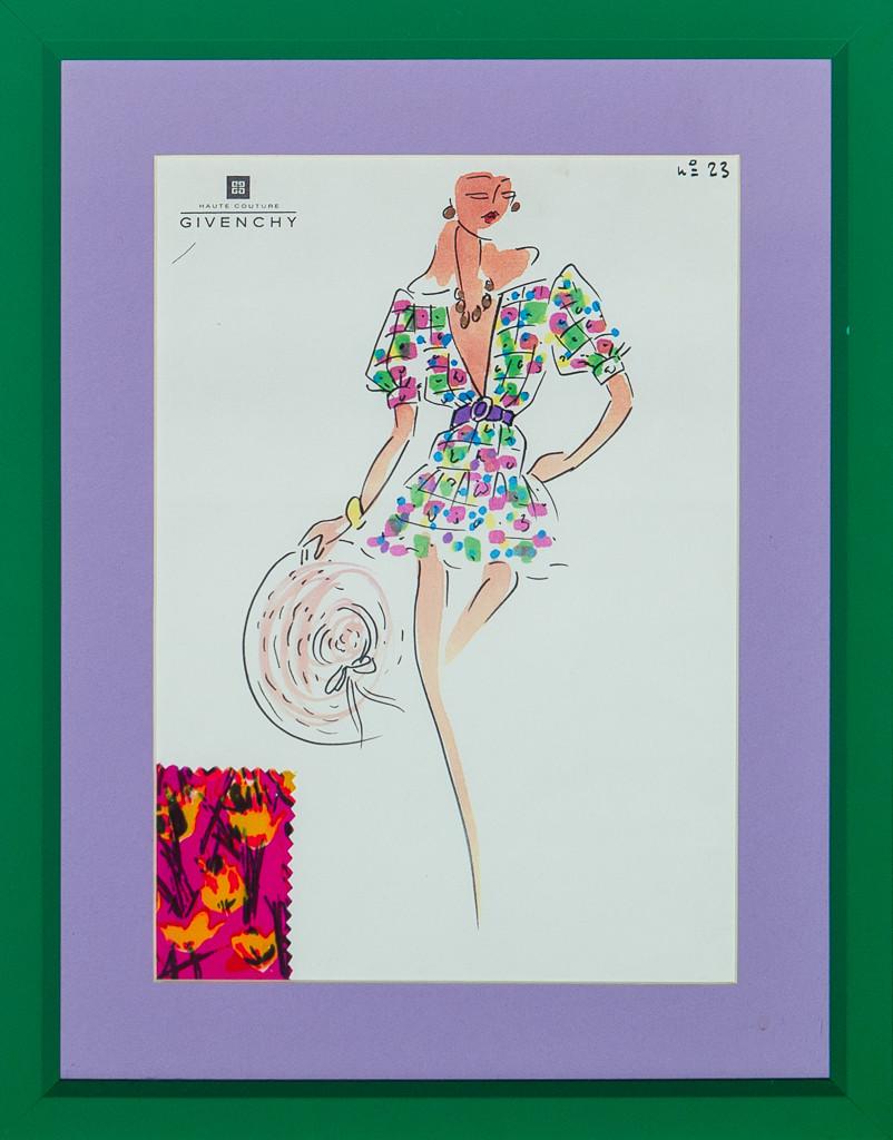 Givenchy Paris (Haute Couture) handkoloriertes Modeschild mit angehängtem floralem Stoffmuster, 1980er Jahre

Bildgröße: 11 3/8 "H x 8 "W

Rahmengröße: 16 "H x 12 3/8 "W