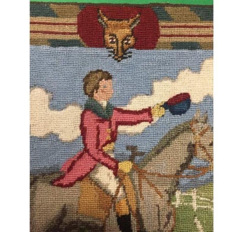 Petit-needlepoint foxhunter w/ fox-head top centre

Ex- equestrian estate in Chester Co, PA

Sz: 14”H x 16”W

Perfect library/ den/ club room accent piece
either under tabletop glass or framed for wall-hanging

Stamped on underside of canvas: Green