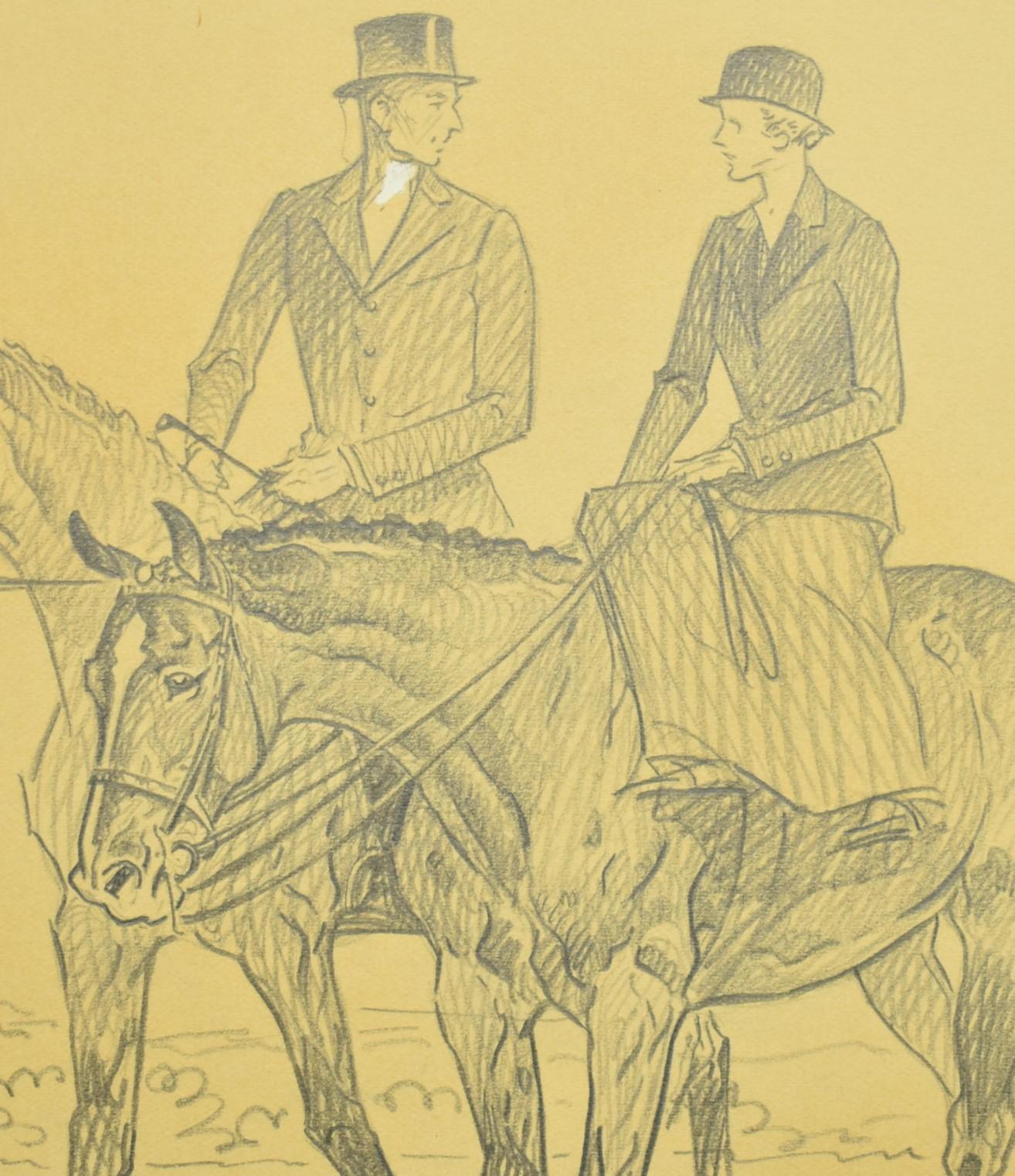 Paul Brown Original c1937 Pencil Drawing w/ 3 Equestrian Riders - Yellow Figurative Art by Paul Desmond Brown