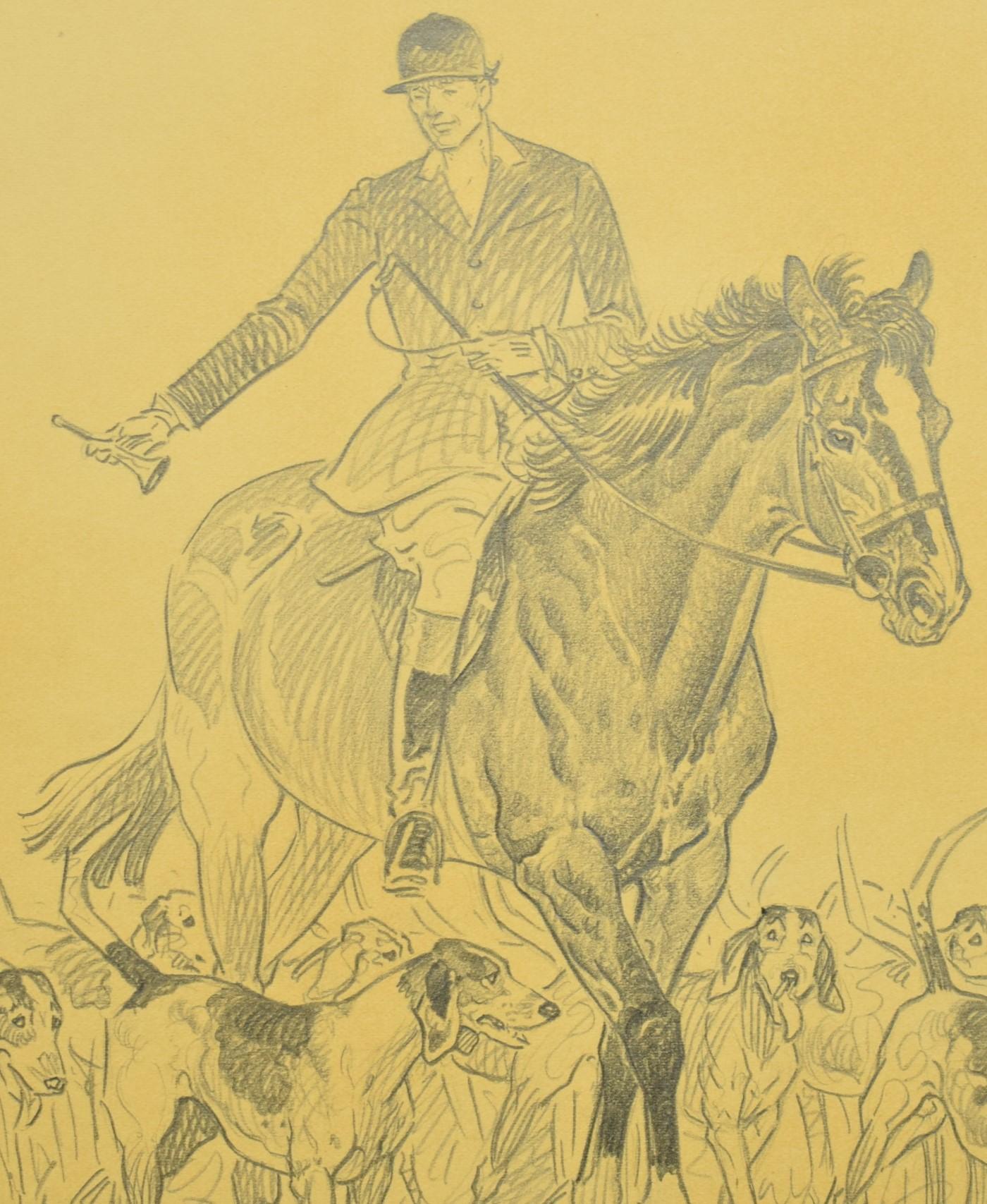 Paul Brown Original c1937 Pencil Drawing Fox-Hunter & Hounds For Sale 1