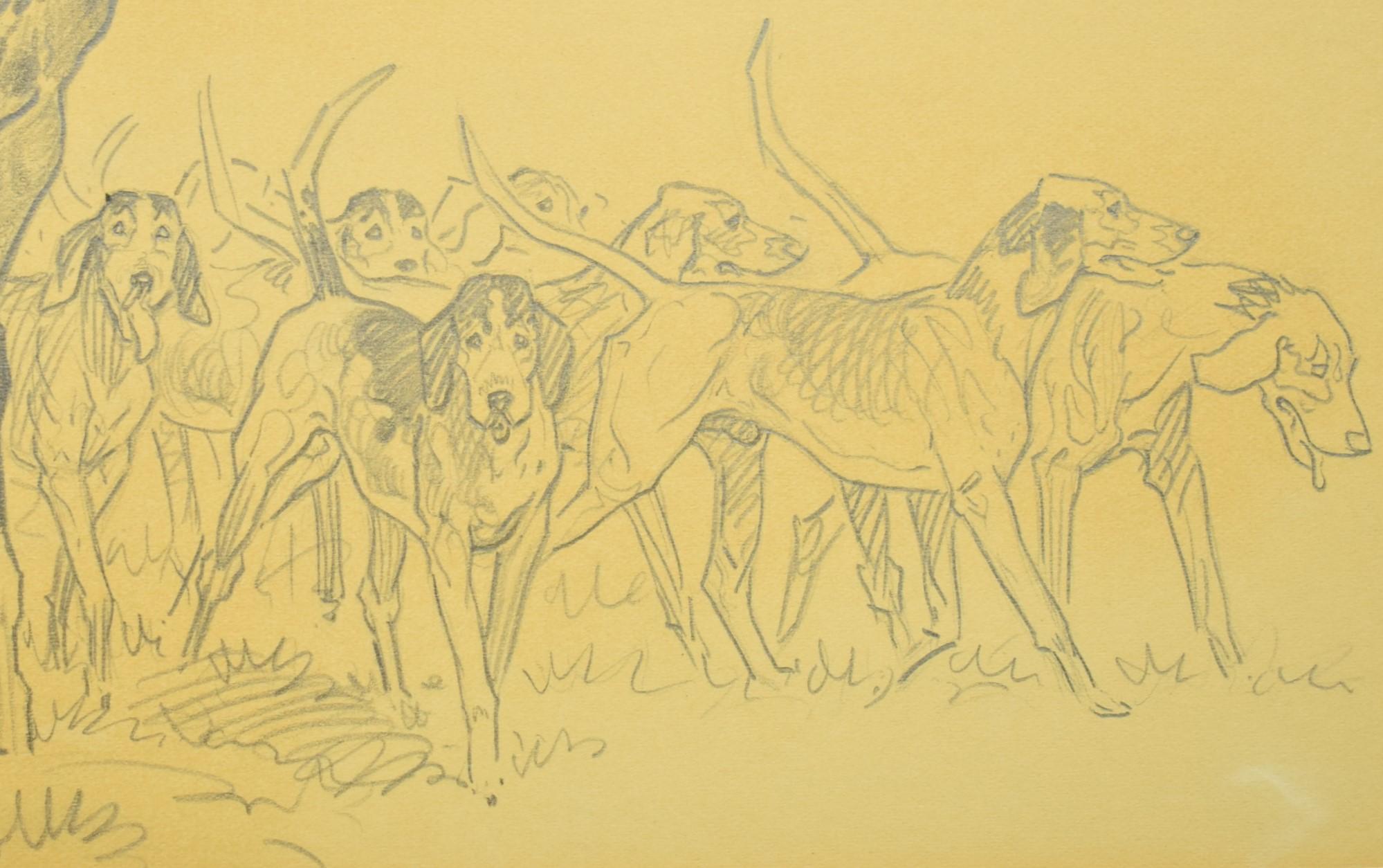 Paul Brown Original c1937 Pencil Drawing Fox-Hunter & Hounds For Sale 2