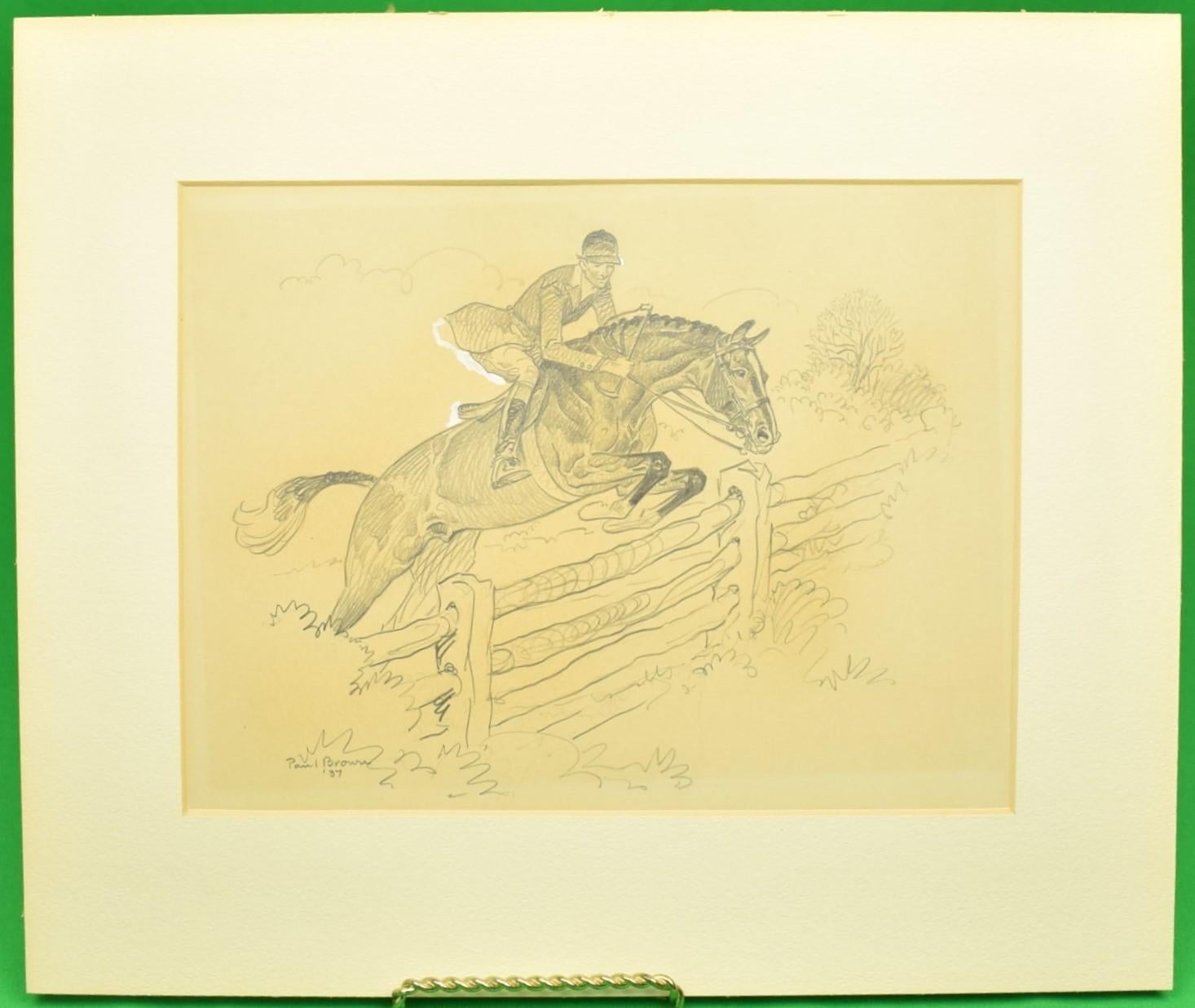 Paul Desmond Brown Figurative Art - Paul Brown Original c1937 Pencil Drawing Fox-Hunter Clearing Fence
