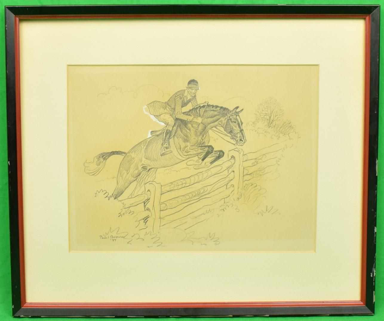 Paul Brown Original c1937 Pencil Drawing Fox-Hunter Clearing Fence - Art by Paul Desmond Brown