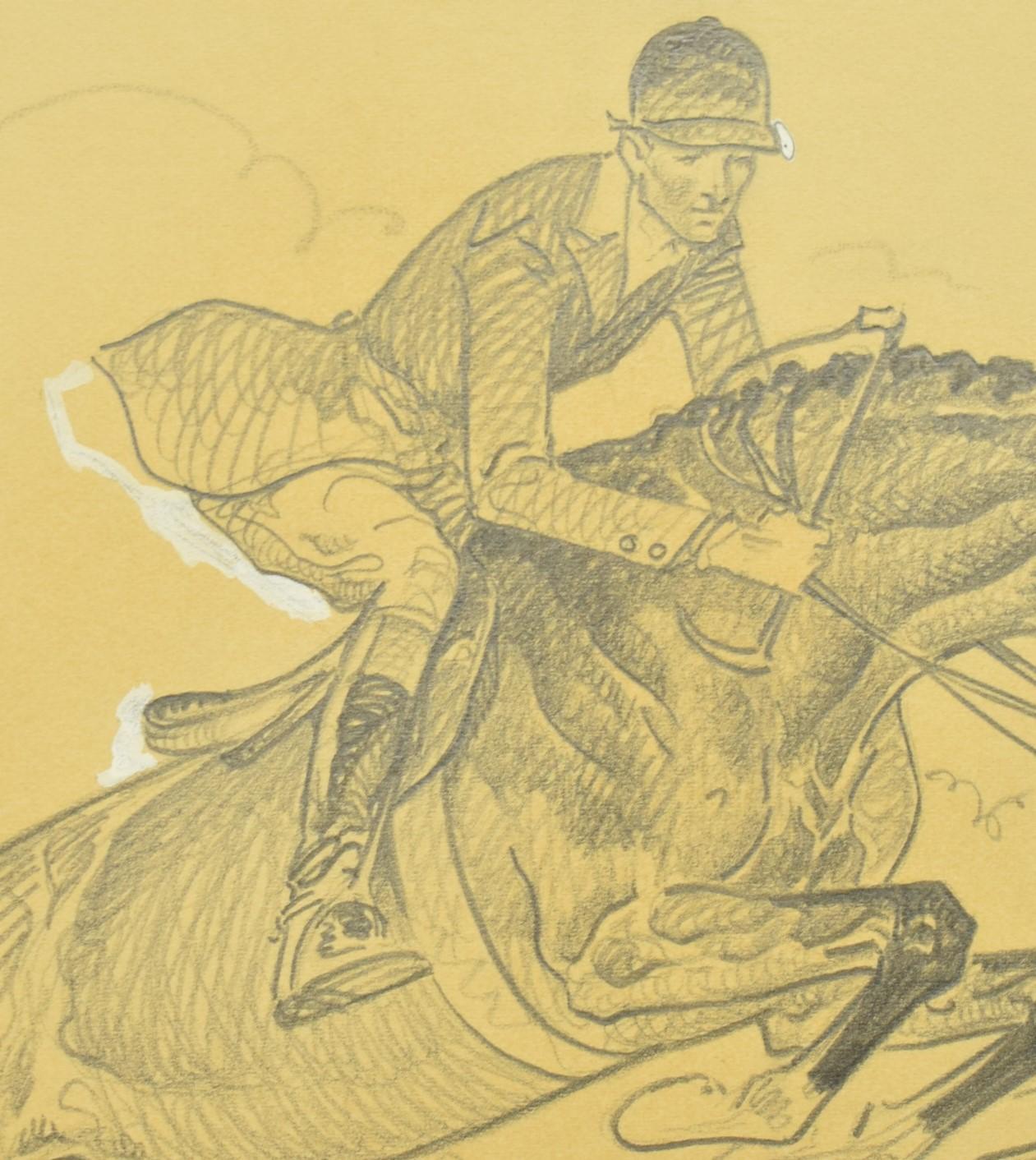 Paul Brown Dibujo a lápiz original de c1937 Cazador de zorros limpiando la valla - Figurative Art Amarillo de Paul Desmond Brown