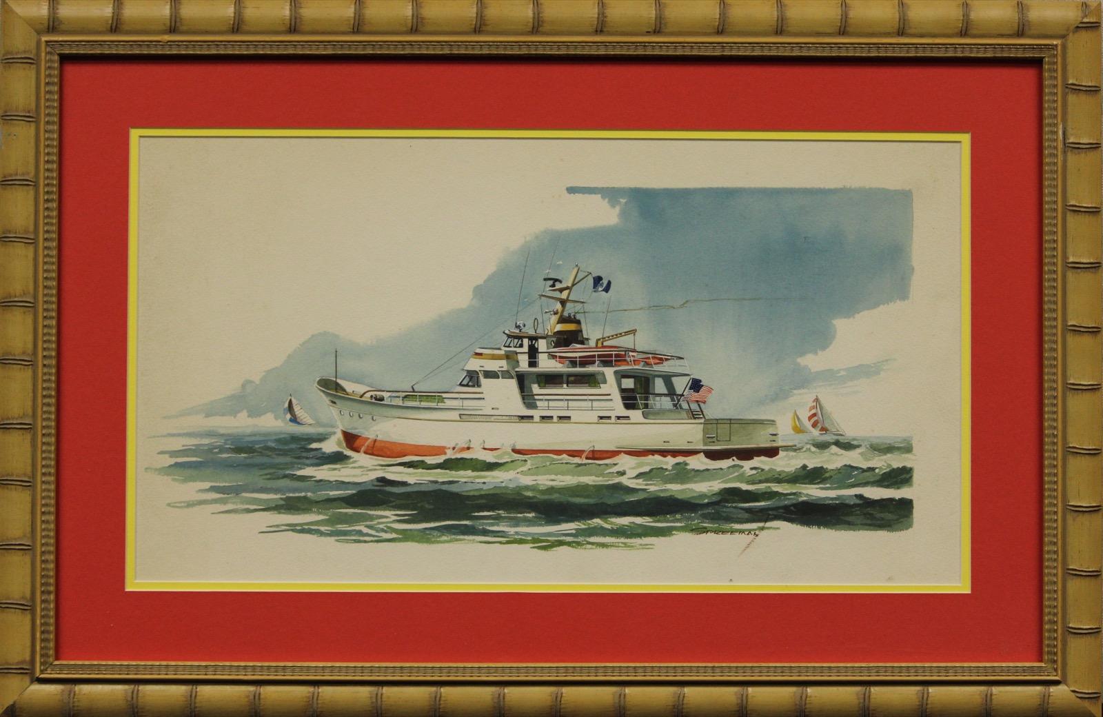 Unknown Figurative Art - Private Yacht c1960s Watercolor