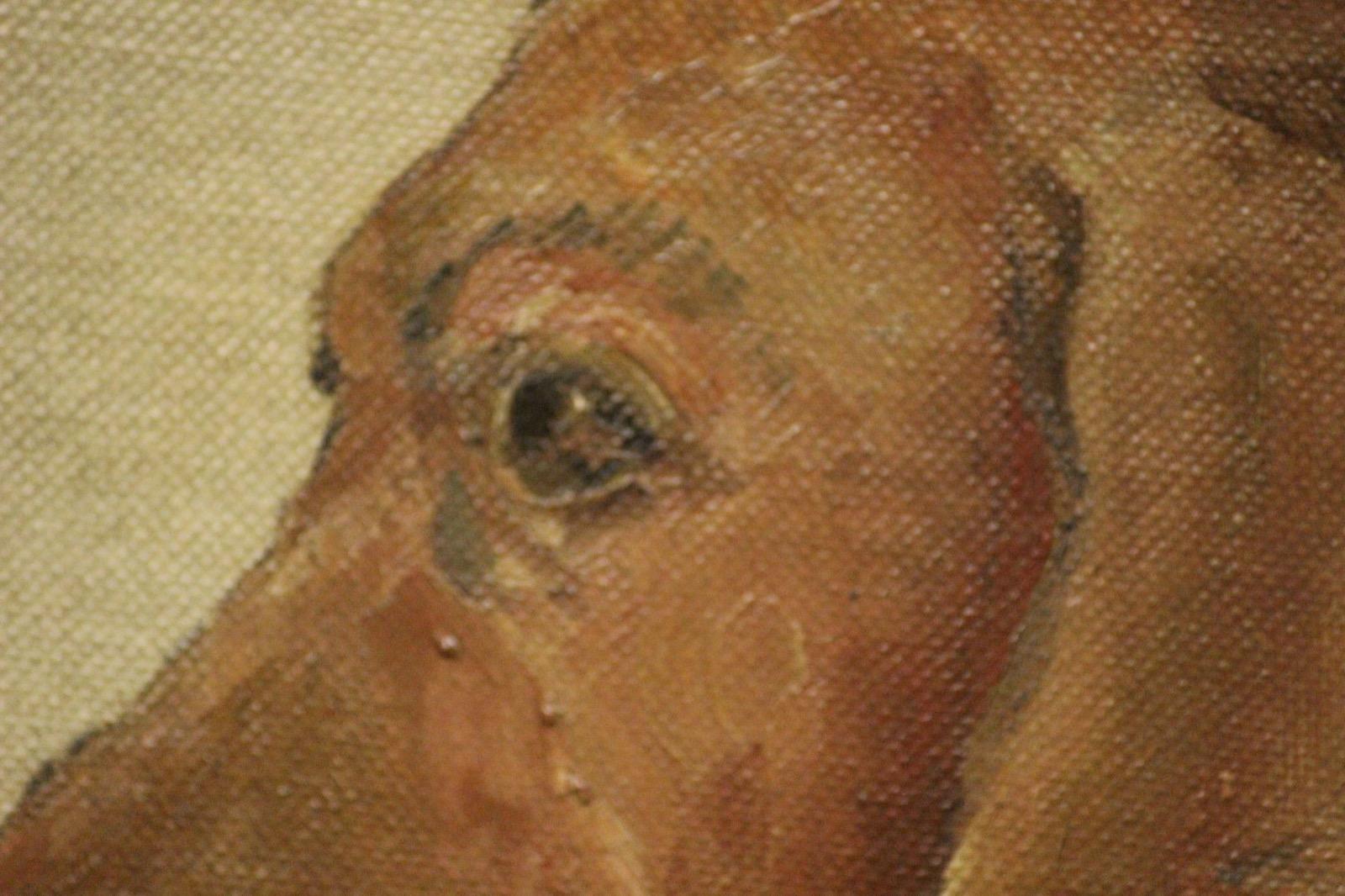 Charming oil on oval canvas depicting a pair of dachshunds w/ green collar in a period frame

Image Sz: 9.5