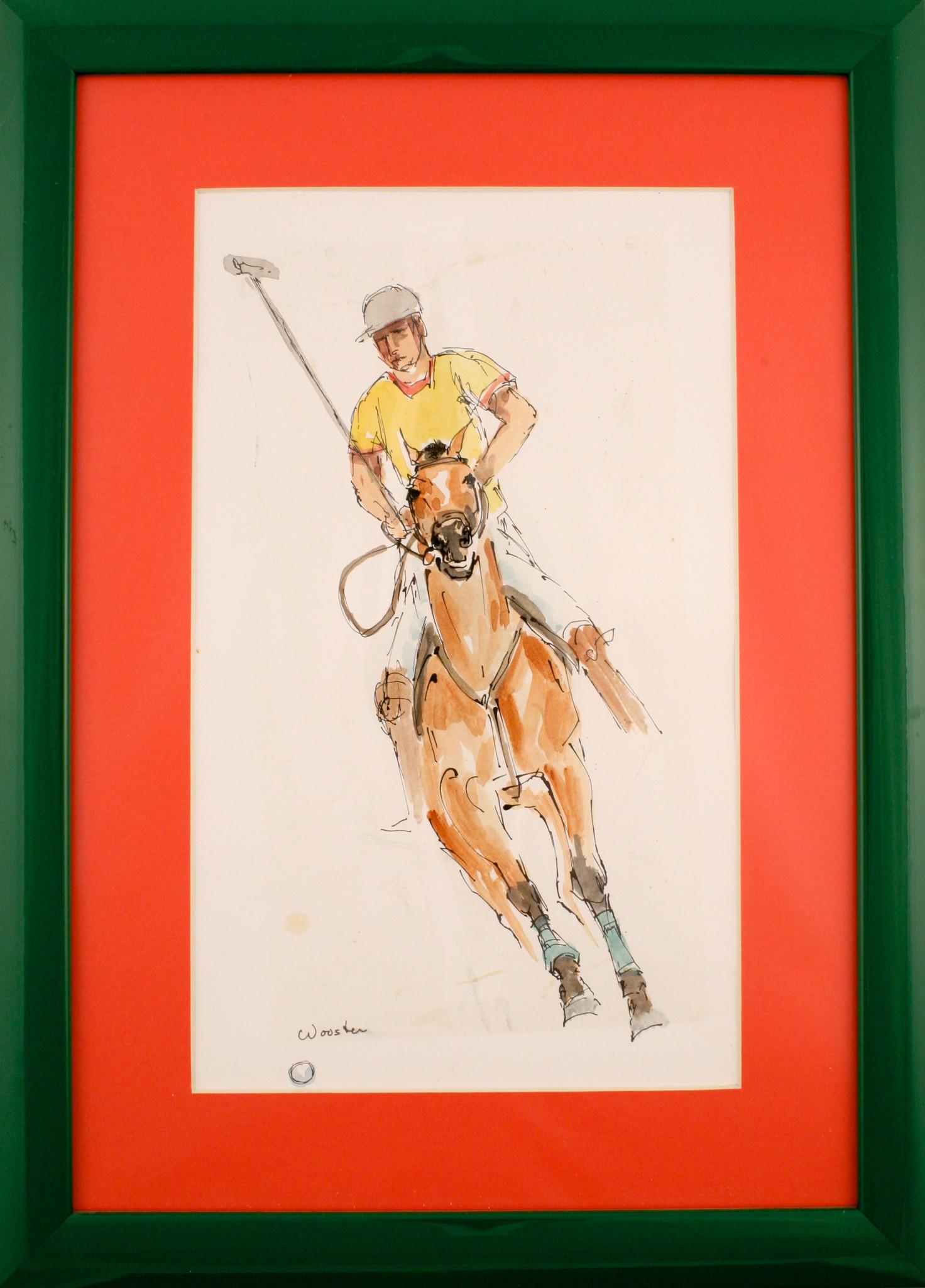 Aquarell, das einen Polospieler mit aufrechtem Schläger darstellt 
Gezeichnet, 'Wooster' (LL)

Art Sz: 10-1/4 "H x 6 "W
Rahmengröße: 14-1/2 "H x 10-1/2 "W 
in korallenrotem Passepartout und jagdgrünem Rahmen