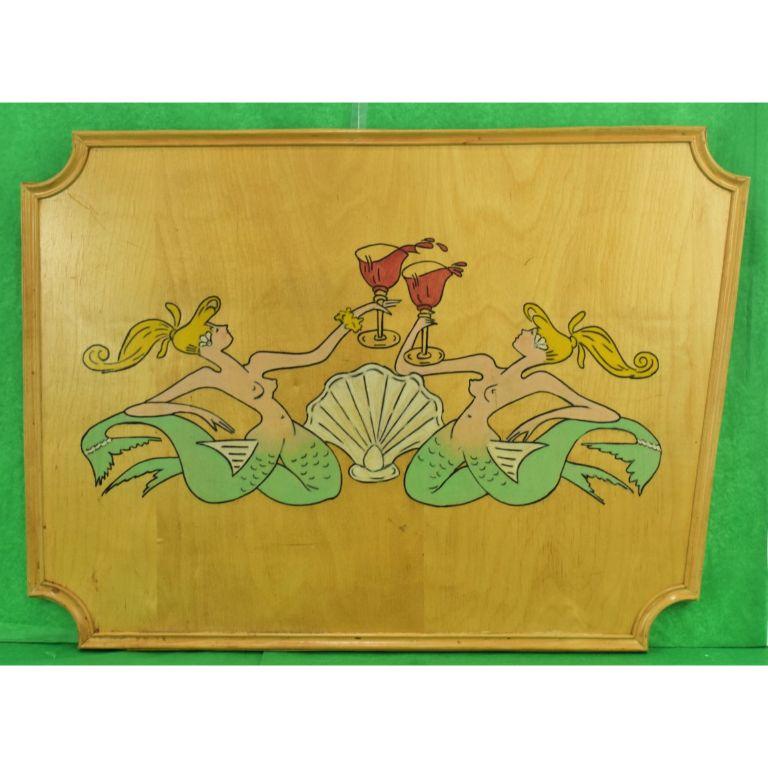 Hand-Painted 'Toasting Mermaids' On Oak Plaque - Art by Unknown