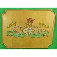 Vintage Hand-Painted 'Toasting Mermaids' On Oak Plaque