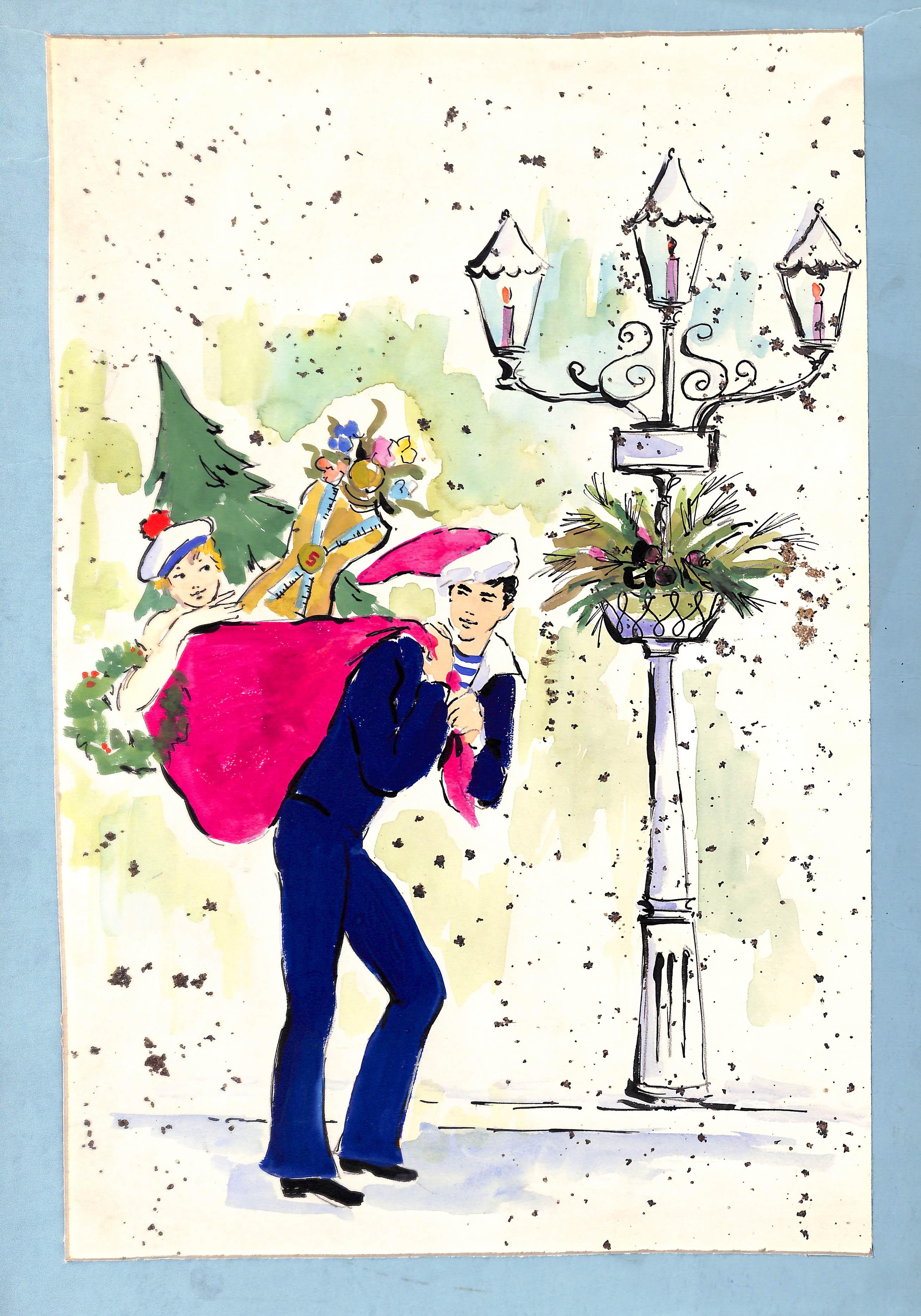 Alexander Warren Montel Figurative Art - "Lanvin Of Paris Original c1950s Advertising Watercolor Christmas Artwork"