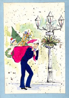 „Lanvin Of Paris“, Original Werbe-Aquarell-Weihnachtskunstwerk, ca. 1950er Jahre