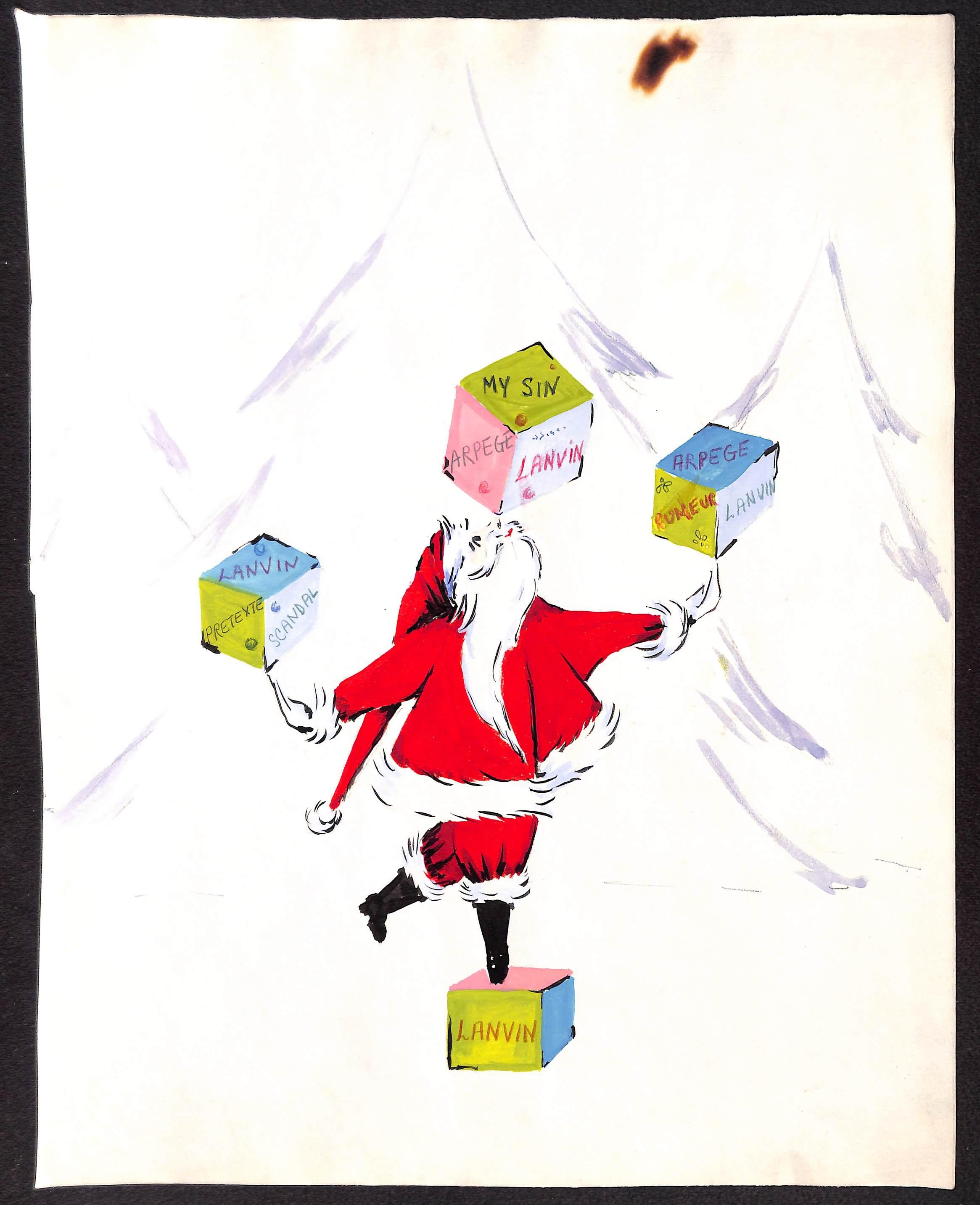 Alexander Warren Montel Figurative Art - Lanvin Of Paris Original c1950s Advertising Watercolor Christmas Artwork