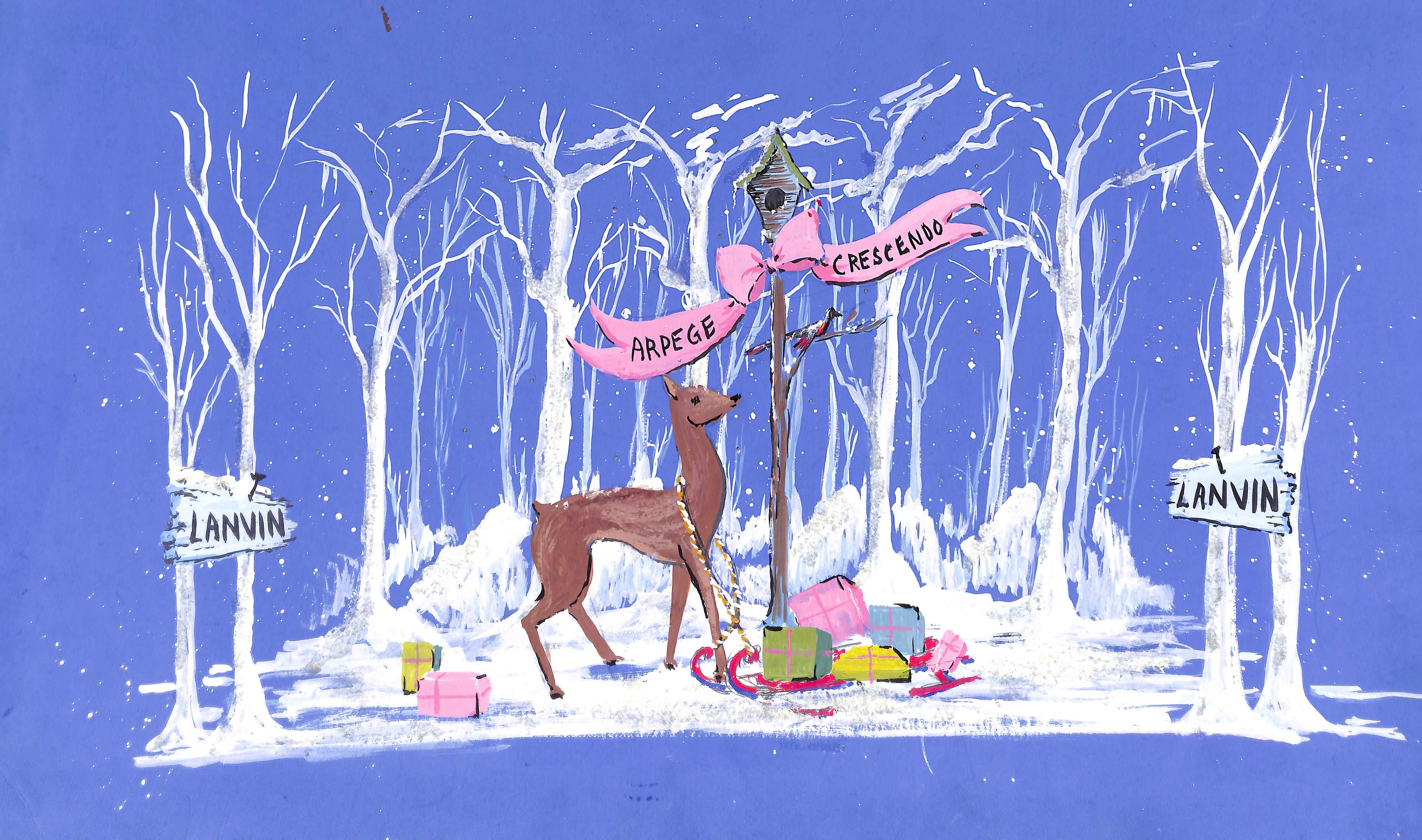 Lanvin Paris Original c1950s Publicidad Acuarela Christmas Artwork