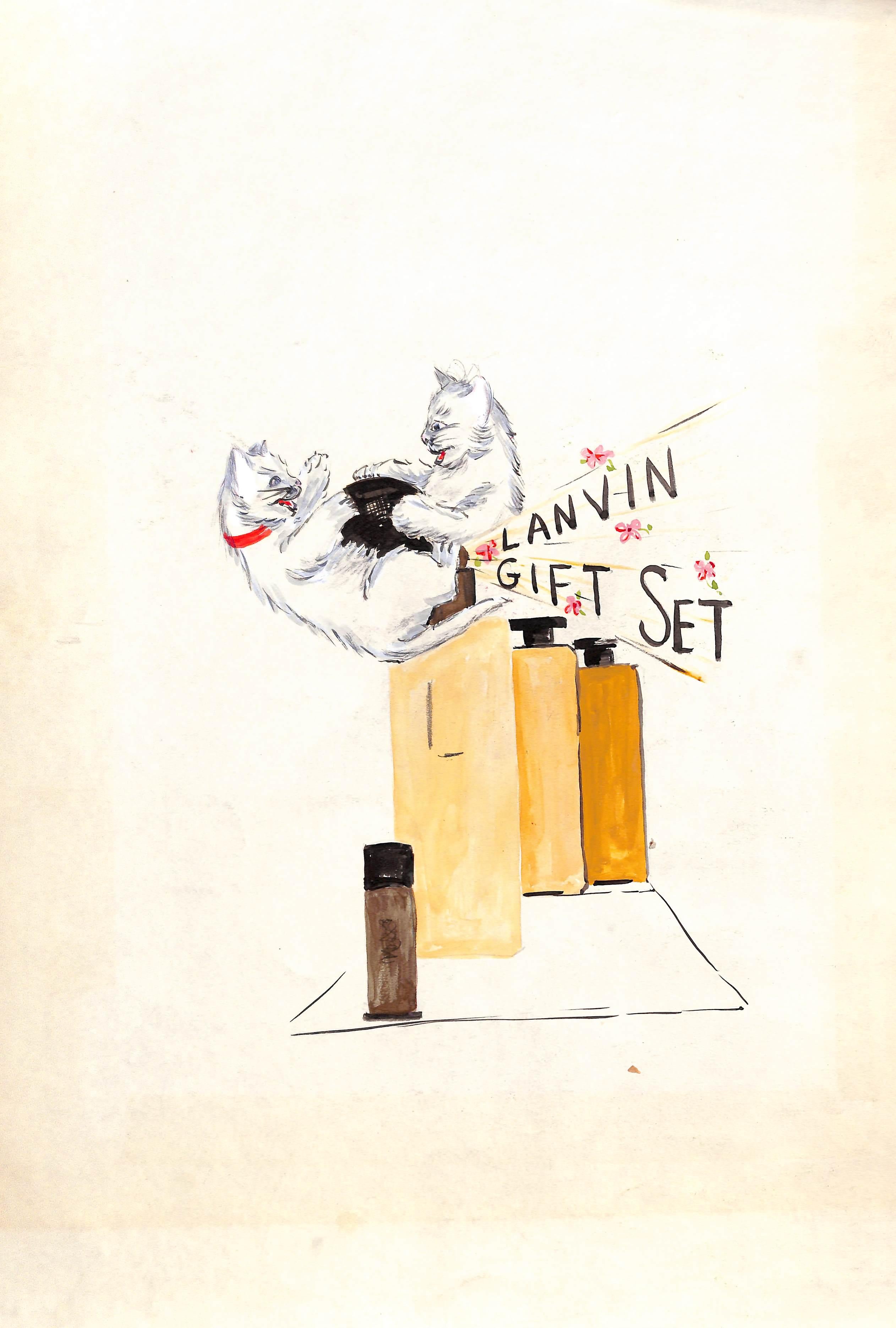 Aquarelle d'art publicitaire originale Lanvin Of Paris datant des années 1950, années 1950