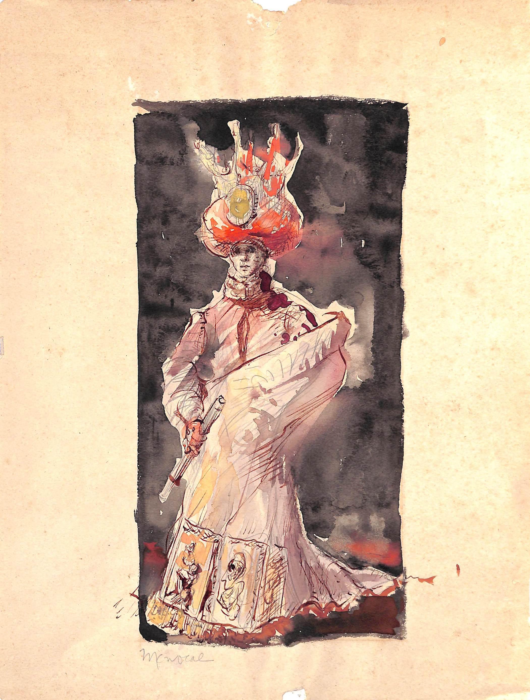 Unknown Figurative Art - Richard De Menocal Vogue Watercolour Of Turban Clad Theatrical Lady