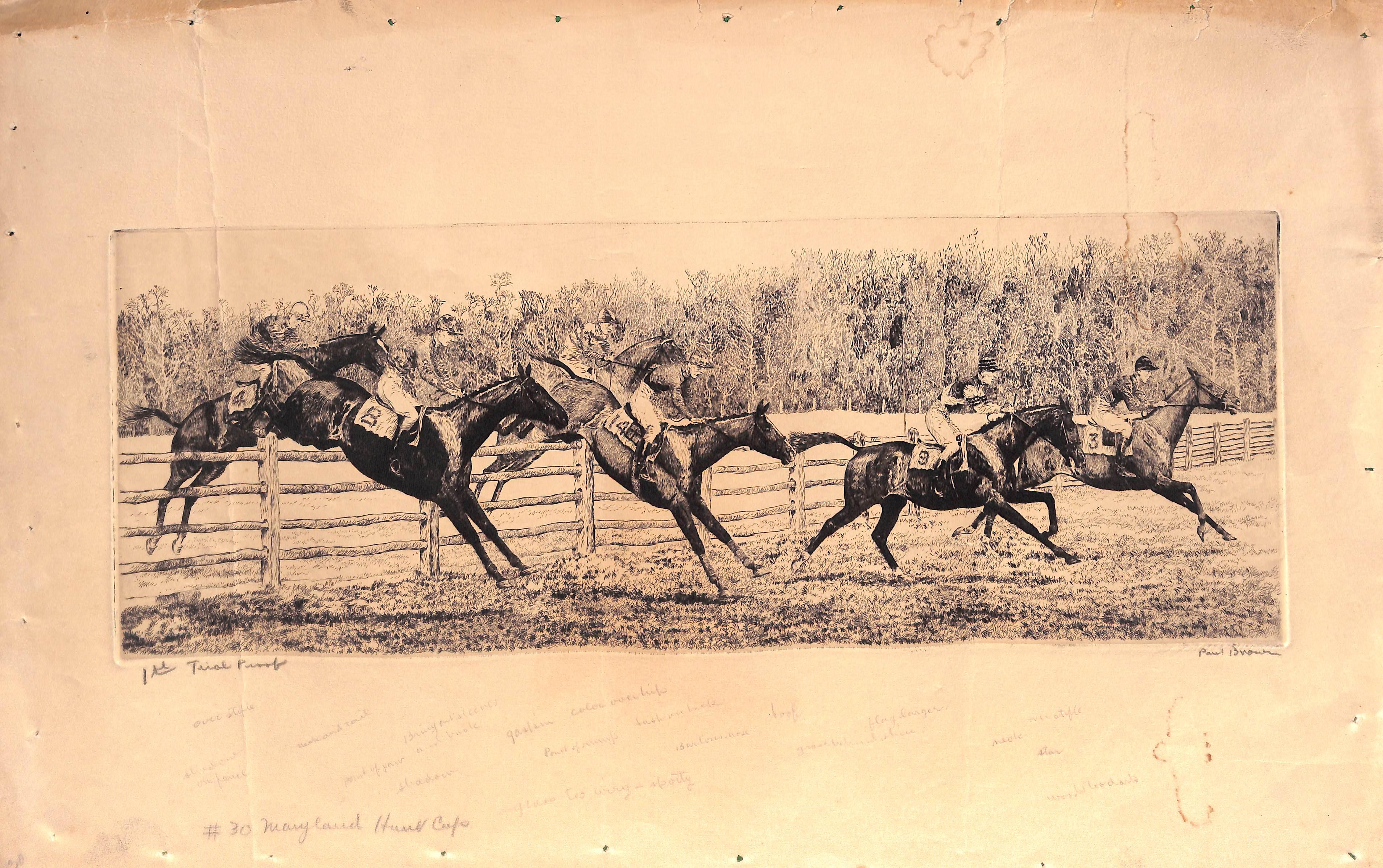 Paul Brown ""Maryland Hunt Cup" 1st Trial Proof Drypoint Radierung