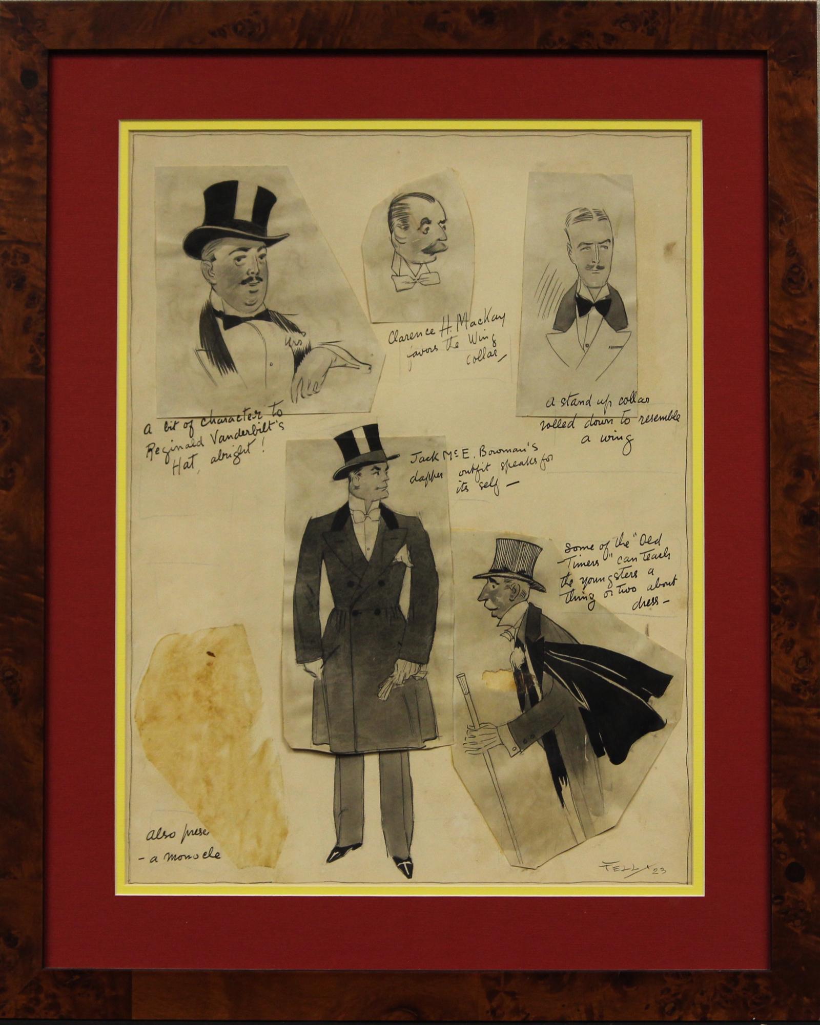 Feder & Tinte Herrenmode-Decoupage-Illustration von 'Fell' 1923 (LR), die 5 Herren zeigt, darunter: Reginald Vanderbilt, Clarence MacKay & Jack Mc E Bowman in eleganter formeller Kleidung! 

Bildgröße: 17 1/4 "H x 12 1/2 "W

Rahmengröße: 23 1/4 "H x