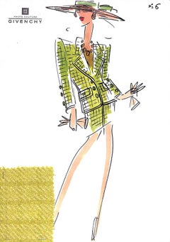 "Givenchy Haute Couture Paris Nr. 6 Mode-Illustration mit Stoff-Swatch"