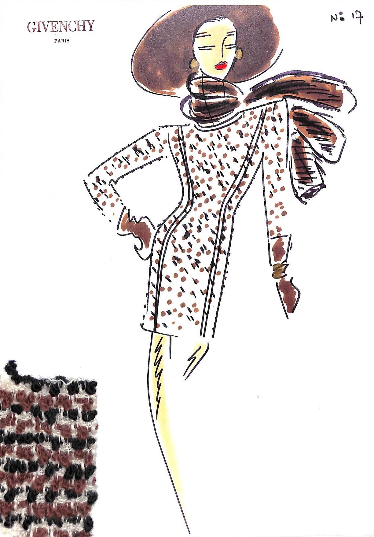 "Givenchy Paris No 17 Fashion Illustration w/ Couture Swatch" - Art by Givenchy (atelier)