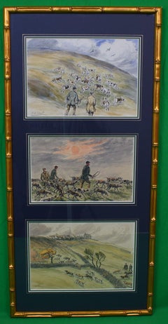 Antique "Beagling Triptych 1939 Watercolour" By George A. Short