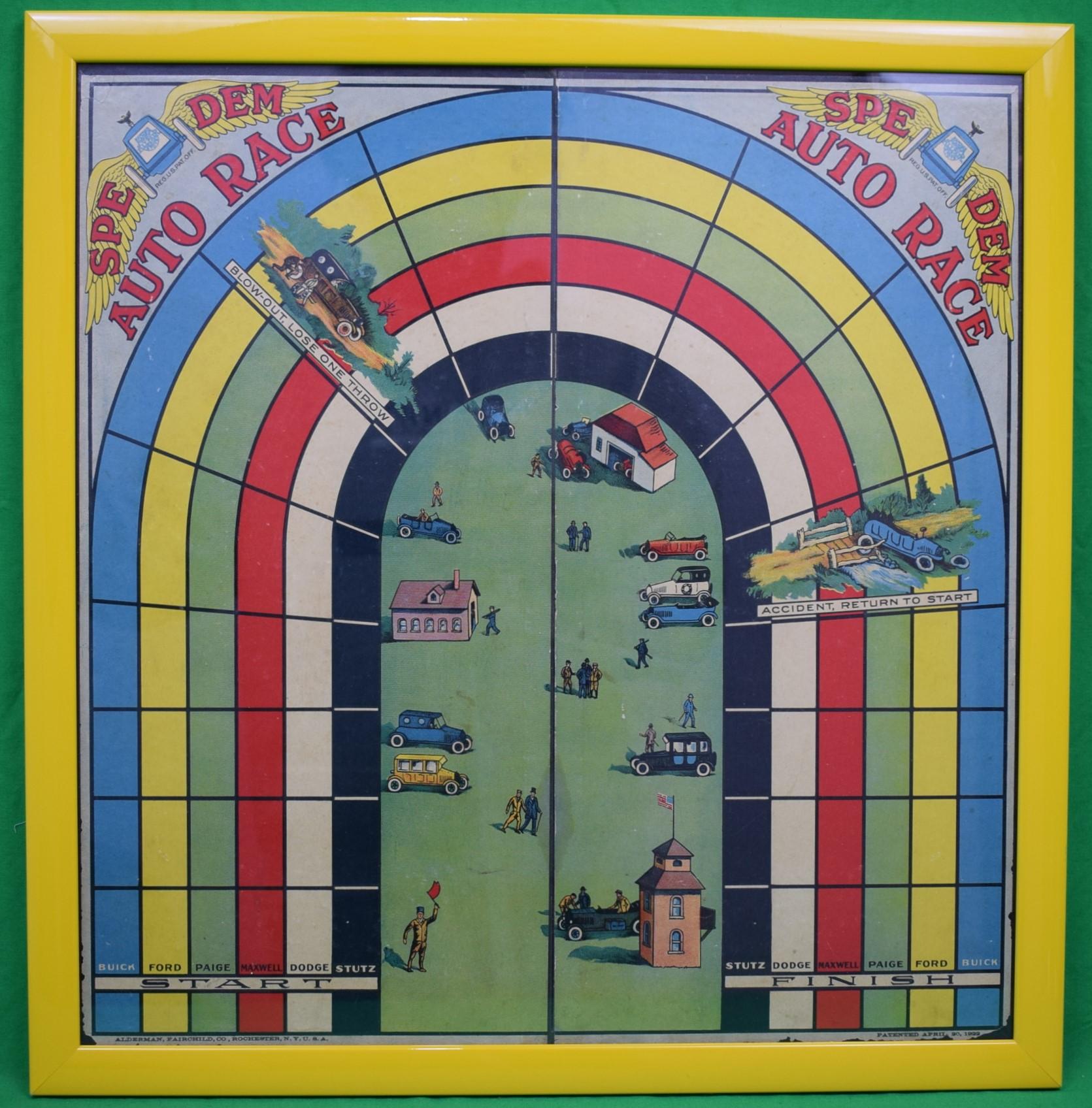 "Spe-Dem Auto Race c1922 Game Board" In Yellow Lacquer Frame - Art by Unknown