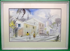 "Scène de rue de l'île de Bermuda vers 1955, aquarelle d'Alfred Birdsey"