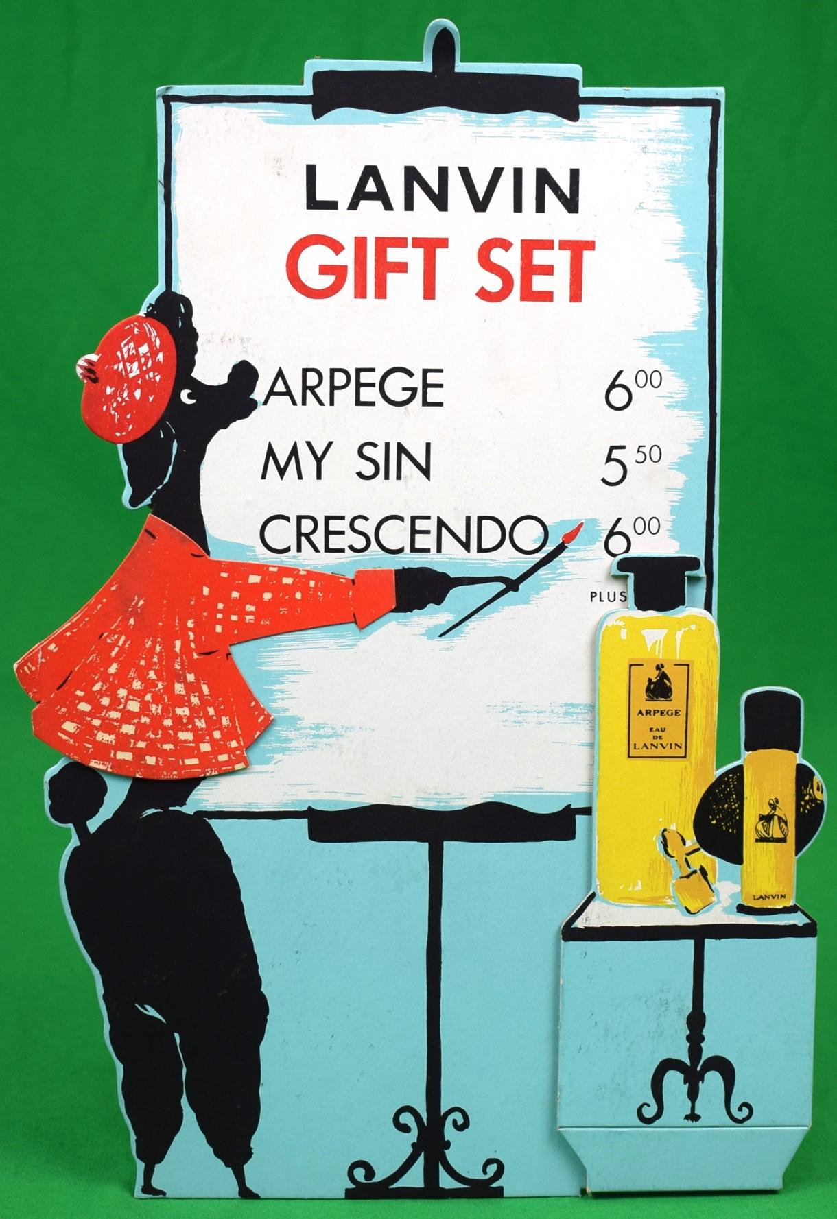 „Lanvin Paris, Geschenk-Set „Arpege/ My Sin/ Crescendo“ mit schwarzem Pudel, 3-D-Vergrößerungsschild