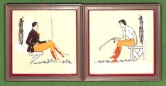 "Pair Of Equestrian Attired Huntsman & Huntswoman Framed Watercolor w/ Gouache"