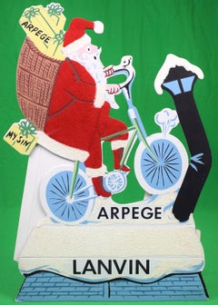 Vintage Lanvin Paris Arpege/ My Sin Perfume Advert Sign w/ Santa On Bicycle