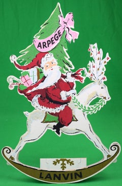 "Lanvin Paris Arpege Perfume Christmas c1950s Advert Sign w/ Santa On Reindeer"