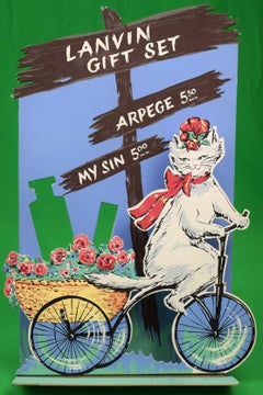 'Lanvin Paris Arpege/ My Sin Gift Set c1950s Advert Sign w/ Cat On Bicycle"