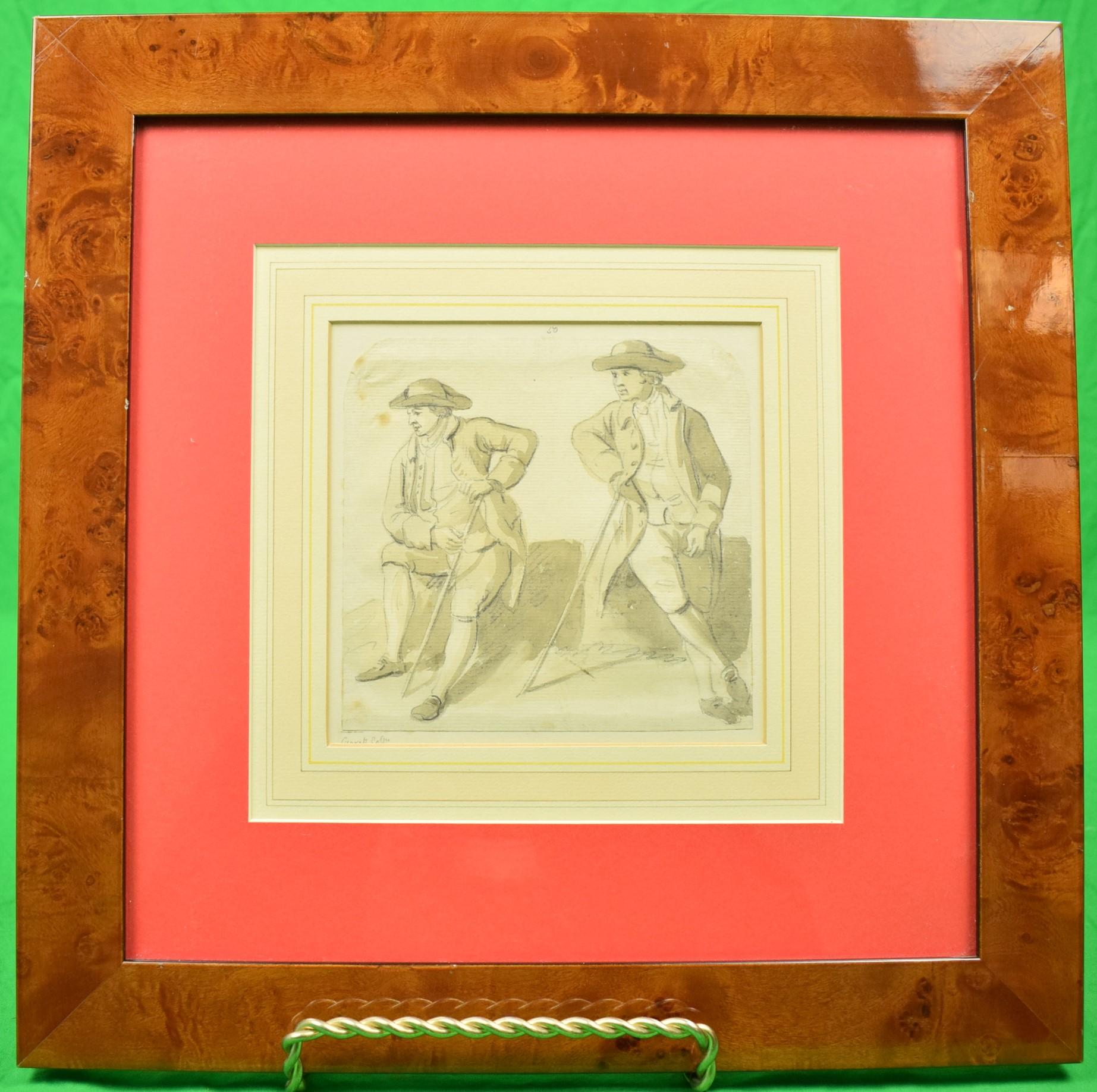Art Sz: 6"H x 6 1/4"W

Frame Sz: 15 1/4"H x 15 1/4"W

In coral mat w/ lacquer birdseye maple frame

Classic drawing in blue and grey washes over pencil on laid paper depicting two 'rustics by a lake' by the British artist Paul Sandby (1730-1809)