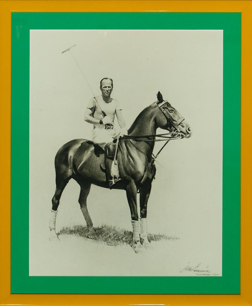 Art Sz: 18"H x 14"W

Frame Sz: 22 1/2"H x 18 1/2"W

Classic charcoal drawing of a polo player signed Jack Lorraine & dated Palm Beach 1951

Mrs. Stephen Sanford with artist Jack Lorraine at the Hialeah Racetrack. (Artist pictured)