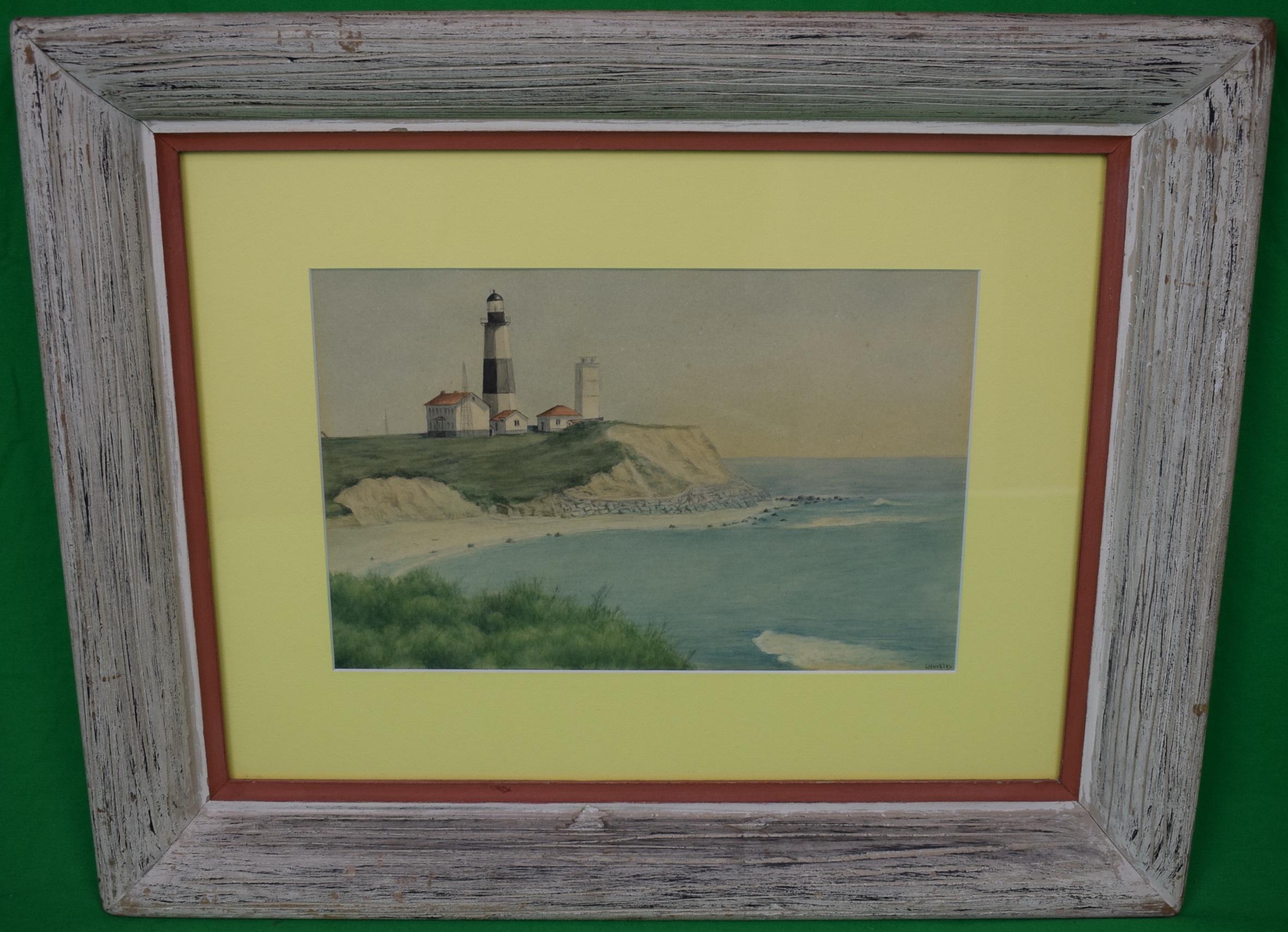 Art Sz: 7 1/2"H x 11 3/8"W

Frame Sz: 16"H x 20"W

Charming watercolor depicting a Montauk, LI lighthouse signed L Hartley (LR) in a driftwood frame