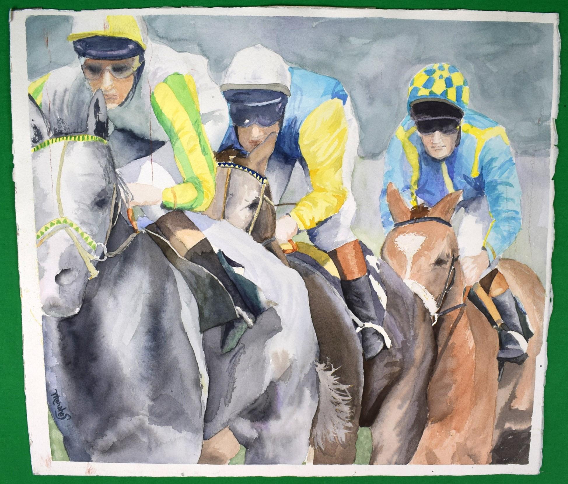 Englisches Jockeys/Pferdrennen-Aquarell – Art von Unknown