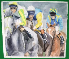 Trois chevaux de course anglais à cheval aquarelle