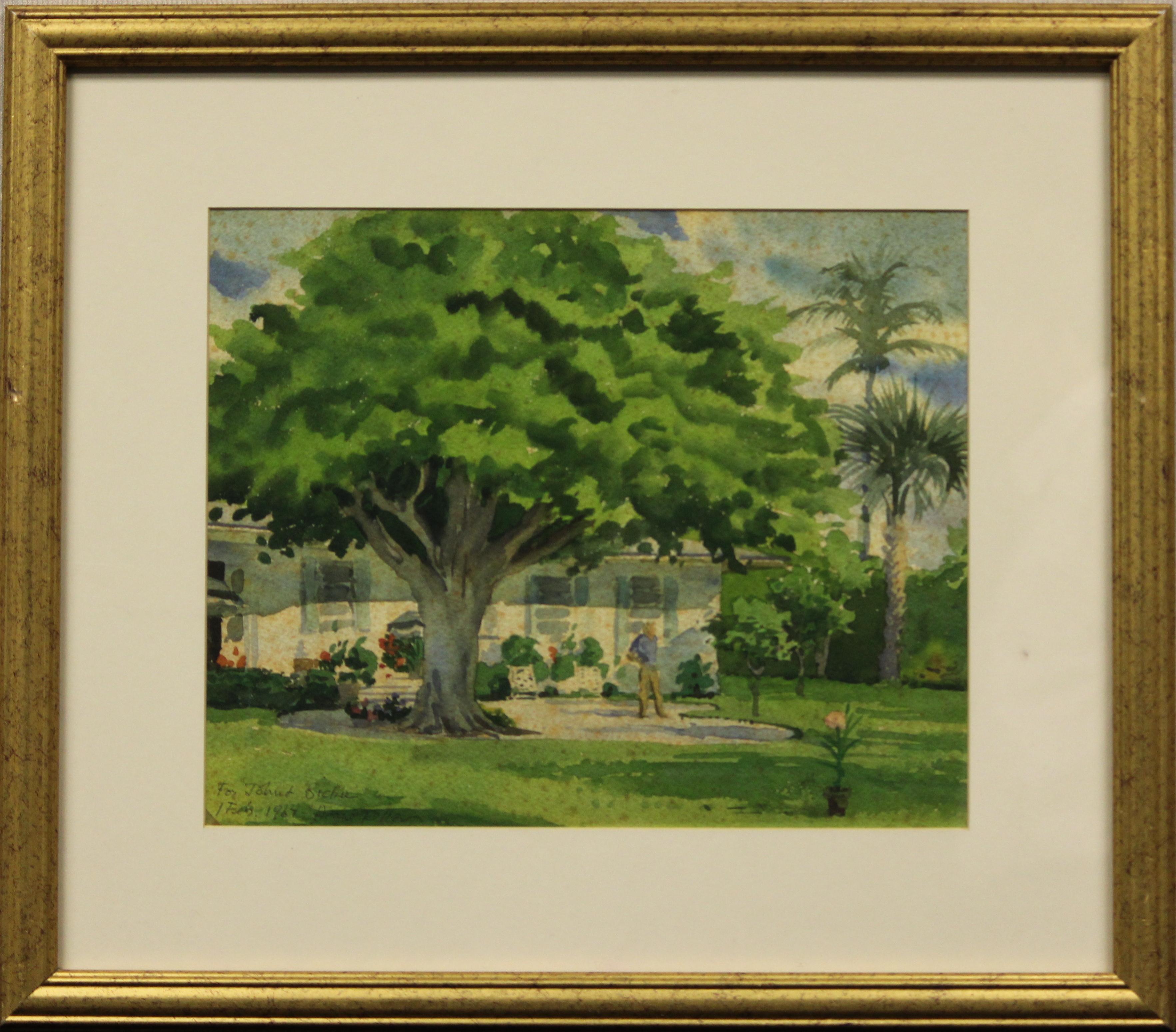 Watercolor depicting the tropical residence of John L. Bickie with banyan & palm trees signed by Deane Keller (1901-1992) & dated 1967 whose works are represented at Yale University

Art Sz: 11 3/4"H x 14 3/4"W
Frame Sz: 19.3/4"H x 22 1/2"W

Deane