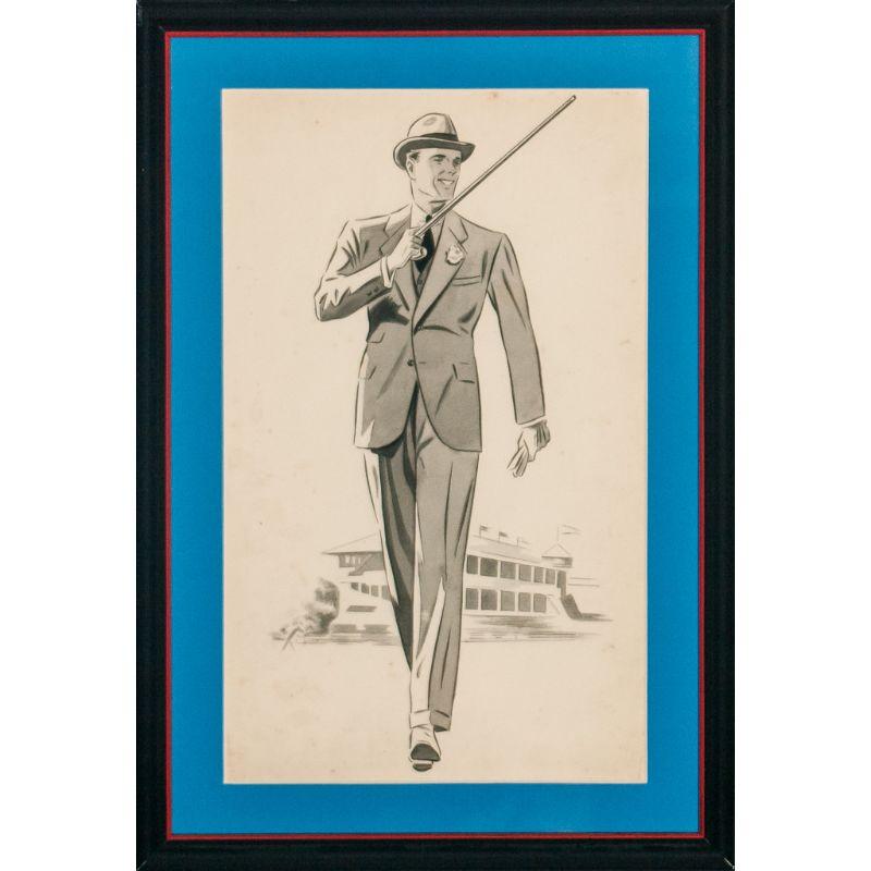 „Dapper Gent Strolling At Racetrack“ Bleistift & Tinte ca. 1930er Jahre Aquarell – Art von Unknown