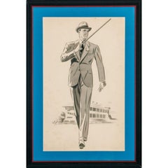 "Un homme élégant se promenant à l'hippodrome" Plume et encre c1930 Aquarelle