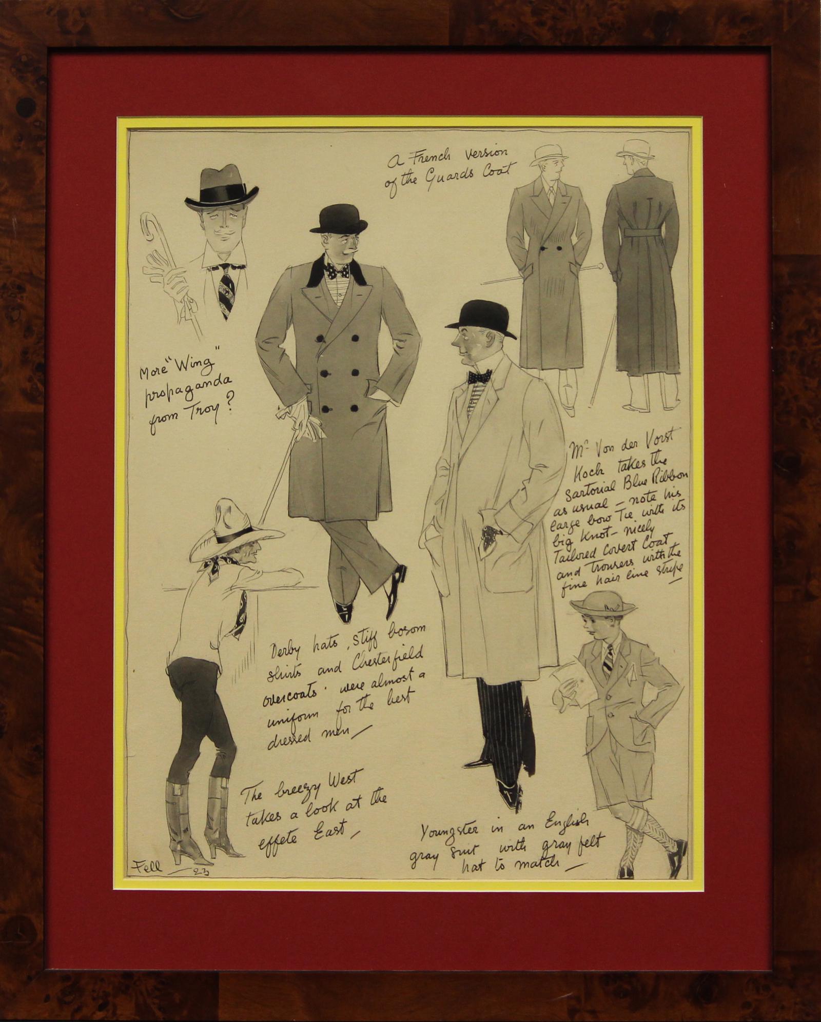 Stylish & dapper watercolour 'decoupage' vignette by 'Fell' 1923

Featuring seven English gents sporting various styles of bespoke apparel

Image Sz: 17"H x 12 3/4"W

Frame Sz: 23 1/4"H x 18 3/4"W

(04/14/1880- 11/1972)
Herbert Fell Sharp was a