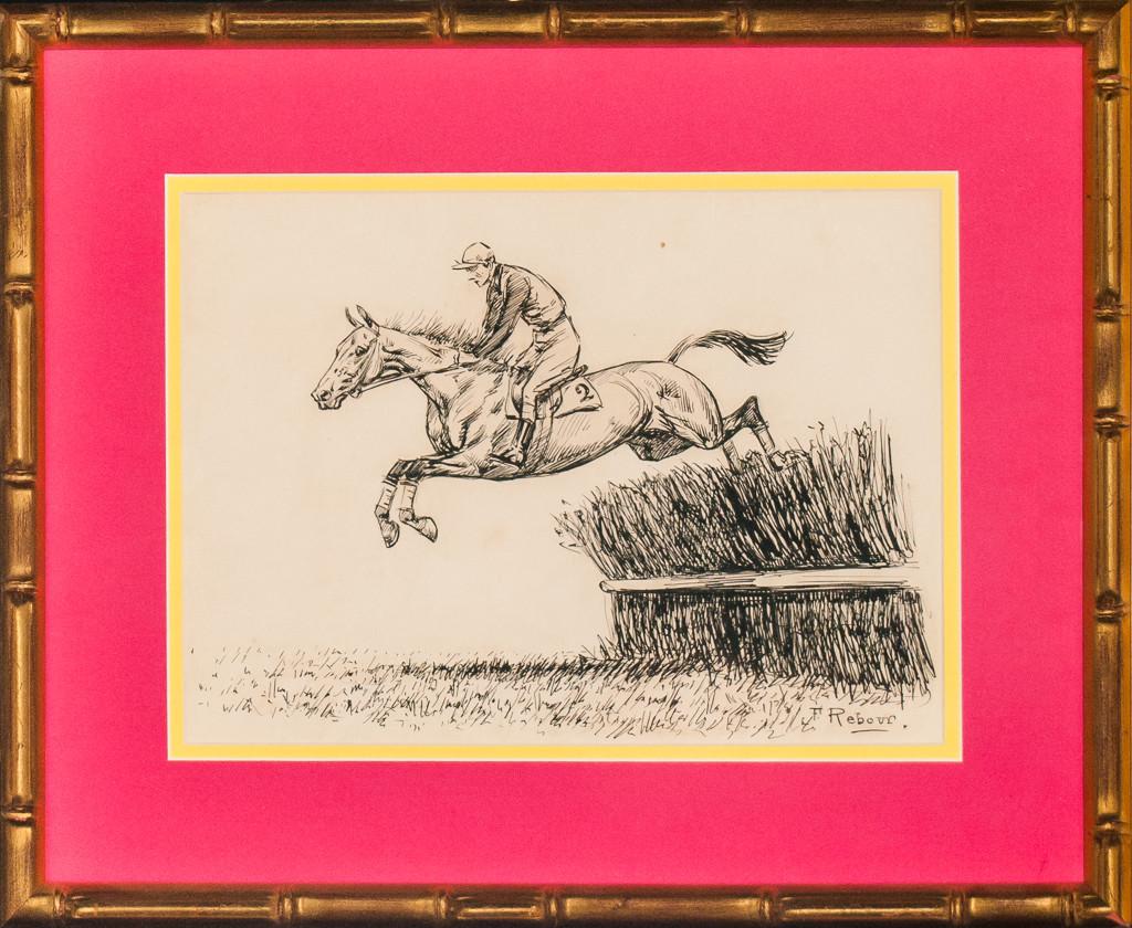 Classic pen and Ink steeplechase sketch 

Signed (LR) by F Rebour (French b. 1842-)

Image Sz: 8"H x 11"W

Frame Sz: 14"H x 17"W