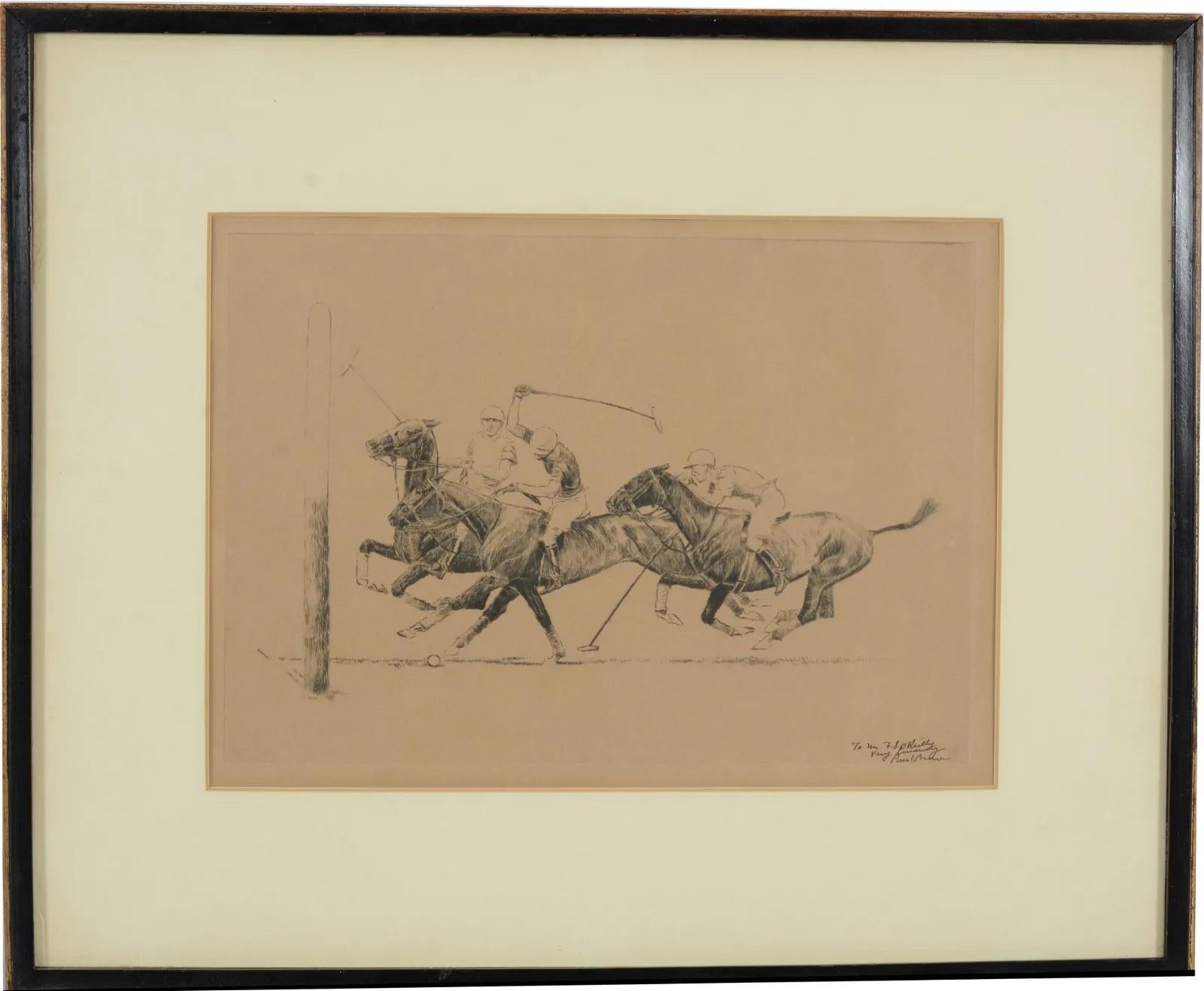"Paul Brown 3 Polo Players Attacking Goal Drypoint Etching" - Art by Paul Desmond Brown
