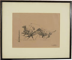 "Paul Brown 3 Polo Players Attacking Goal Drypoint Etching"