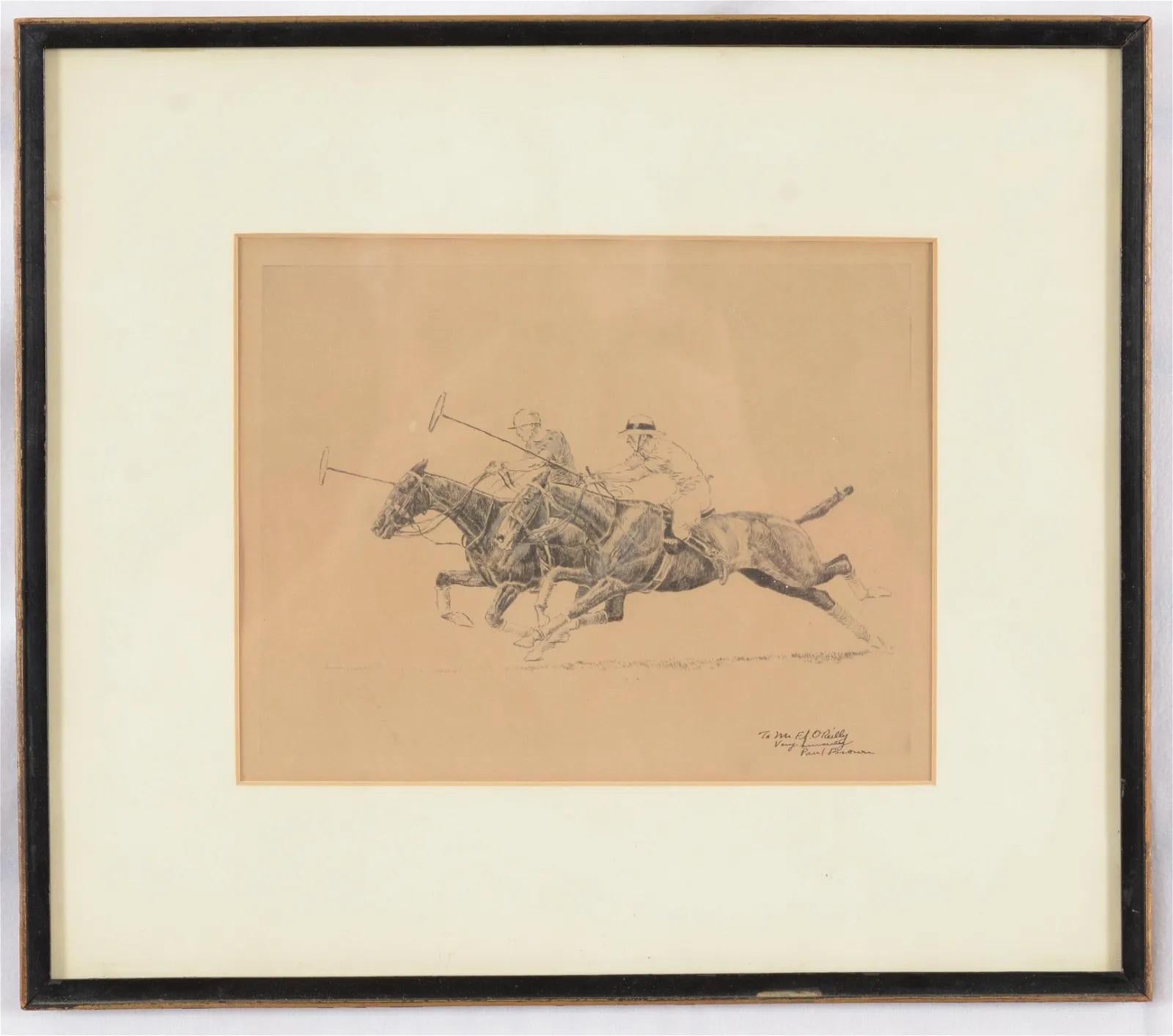 Paul Desmond Brown Abstract Drawing - "Paul Brown 2 Polo Players Charging Down The Field Drypoint Etching"
